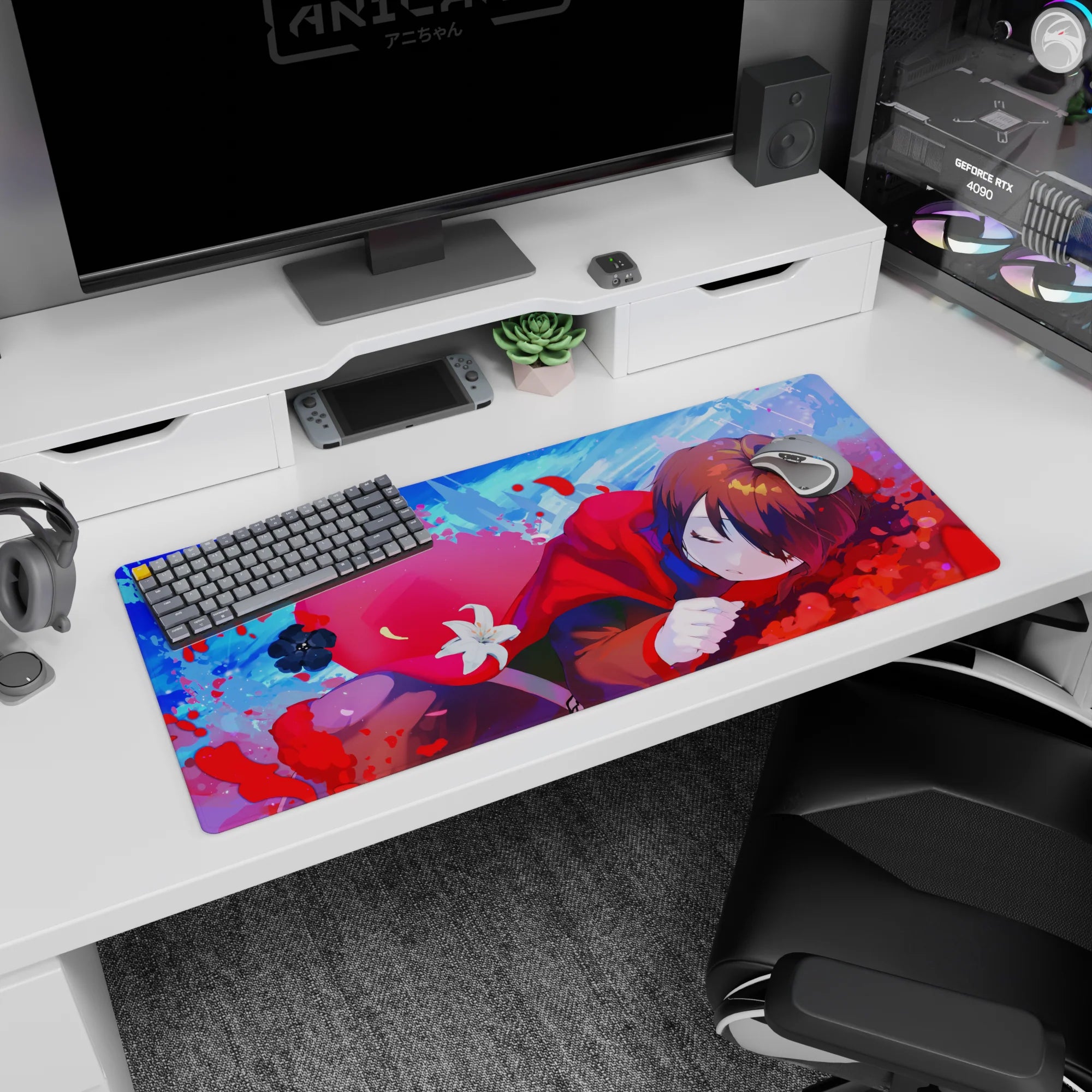 Cozy anime girl curled up in a red hood, brown hair and sleepy eyes on a 36x16 inches desk pad.