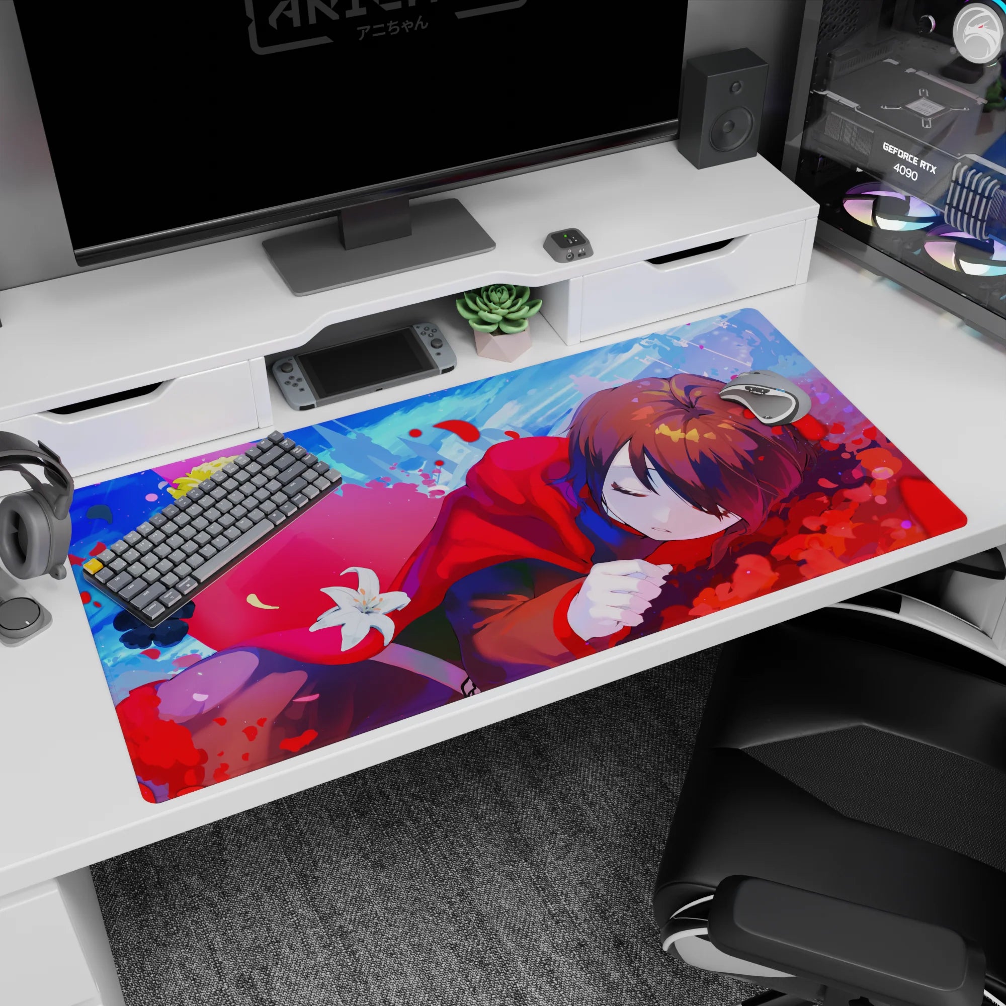 Sleepy brown-haired anime girl curled up on a 40x20 inches desk pad, red hoodie, soft daydream scene.