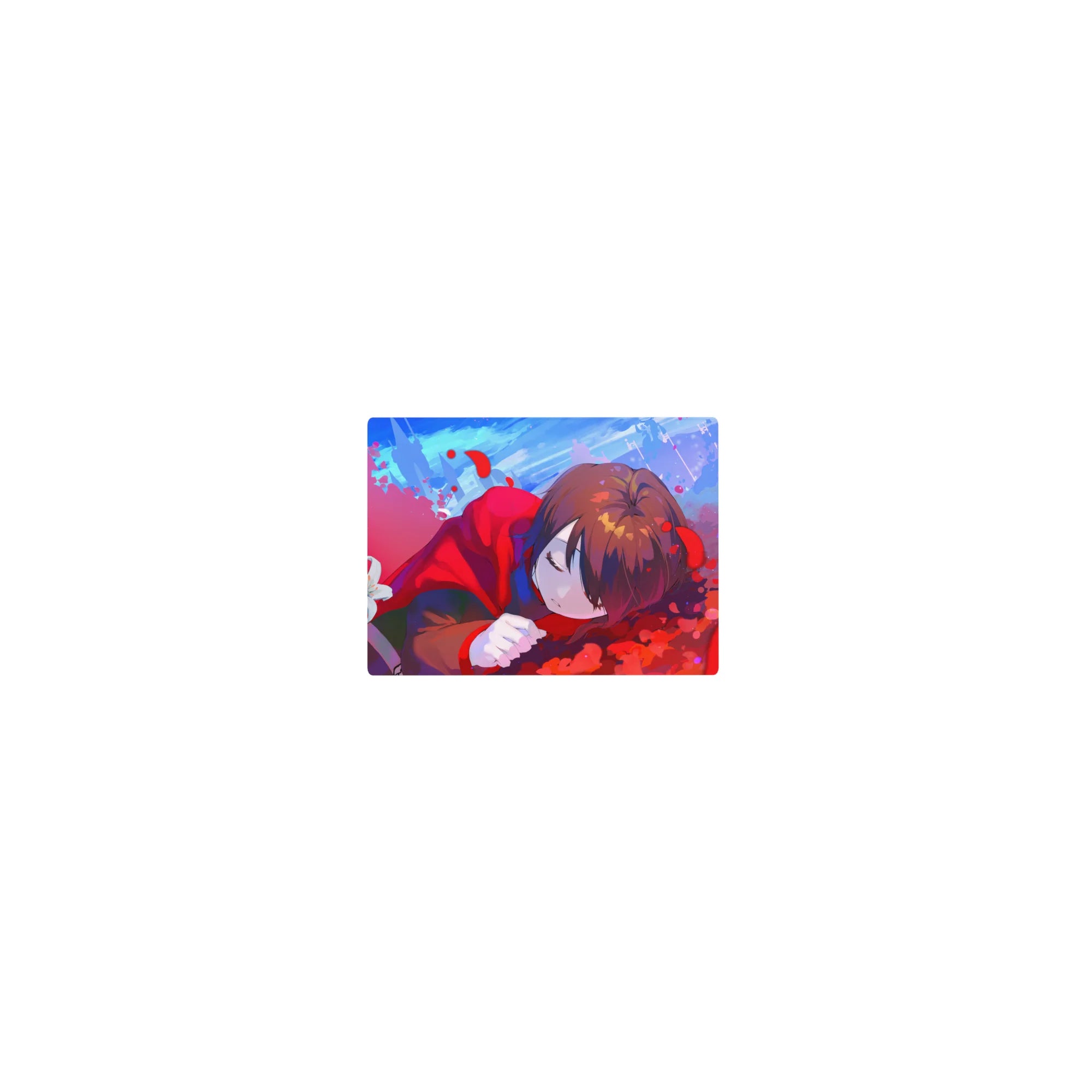 Classic anime girl mouse pad 14x10 inches with cozy red hoodie, petals, paint flecks, and white lily.