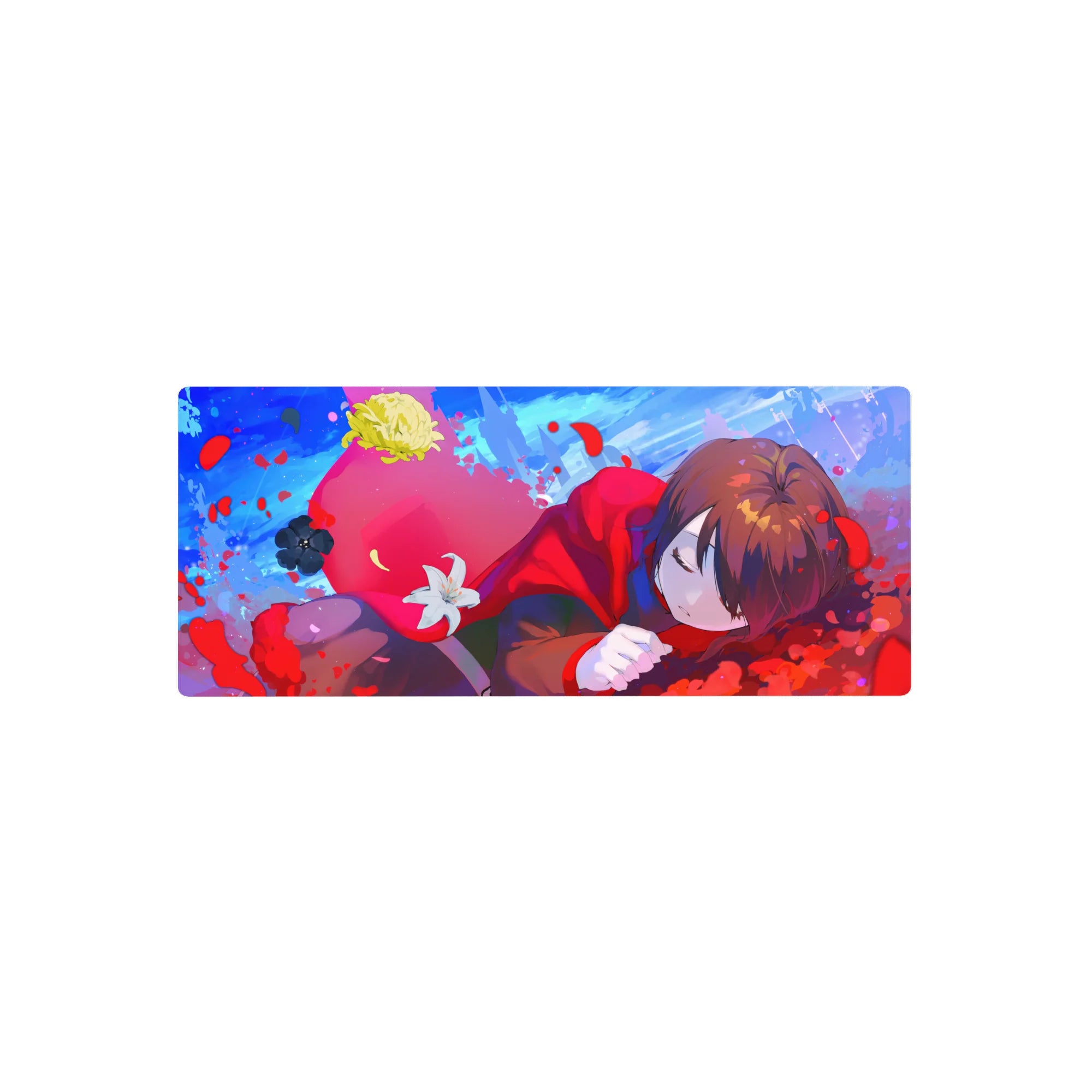 Anime girl mouse pad 28x12 inches with cozy red hood, petals, paint flecks, and a white lily.