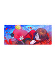 Anime girl mouse pad 28x12 inches with cozy red hood, petals, paint flecks, and a white lily.