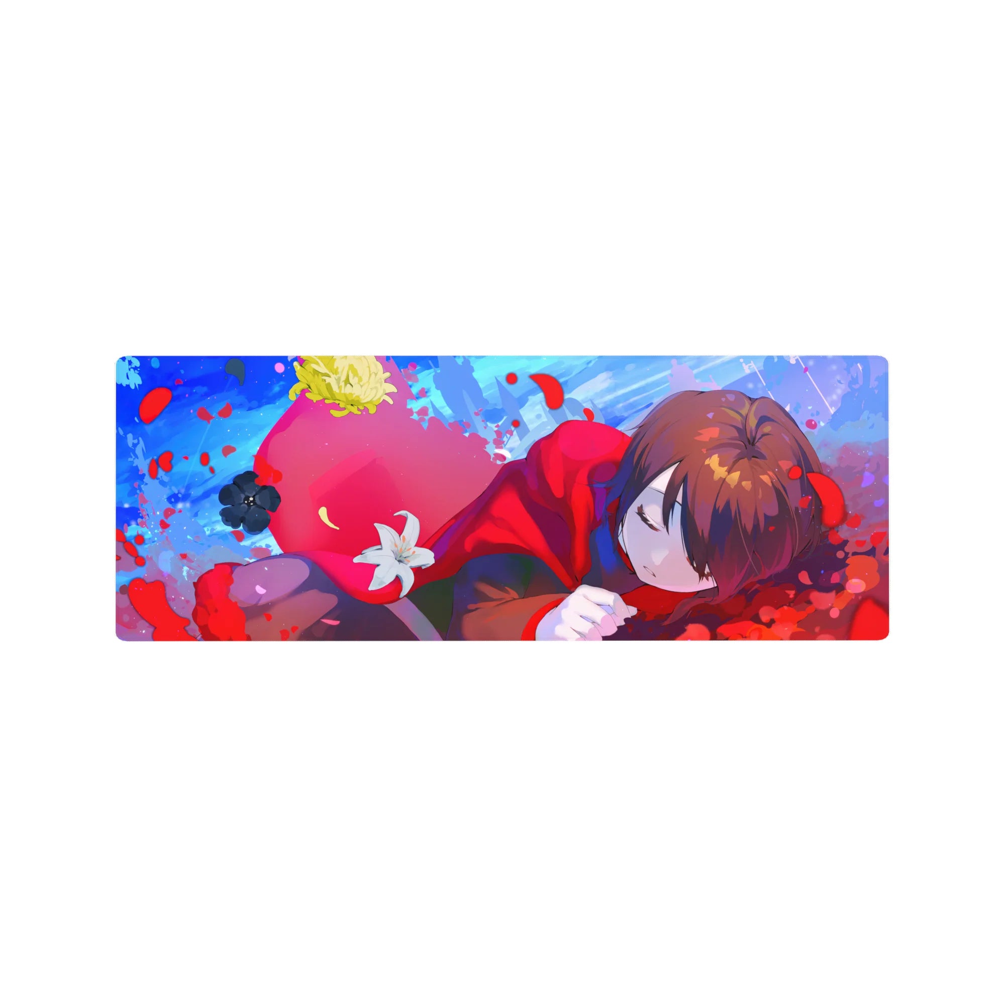32x12 inches anime girl mouse pad with cozy red hooded girl, petals, paint flecks, and white lily.