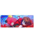 32x12 inches anime girl mouse pad with cozy red hooded girl, petals, paint flecks, and white lily.