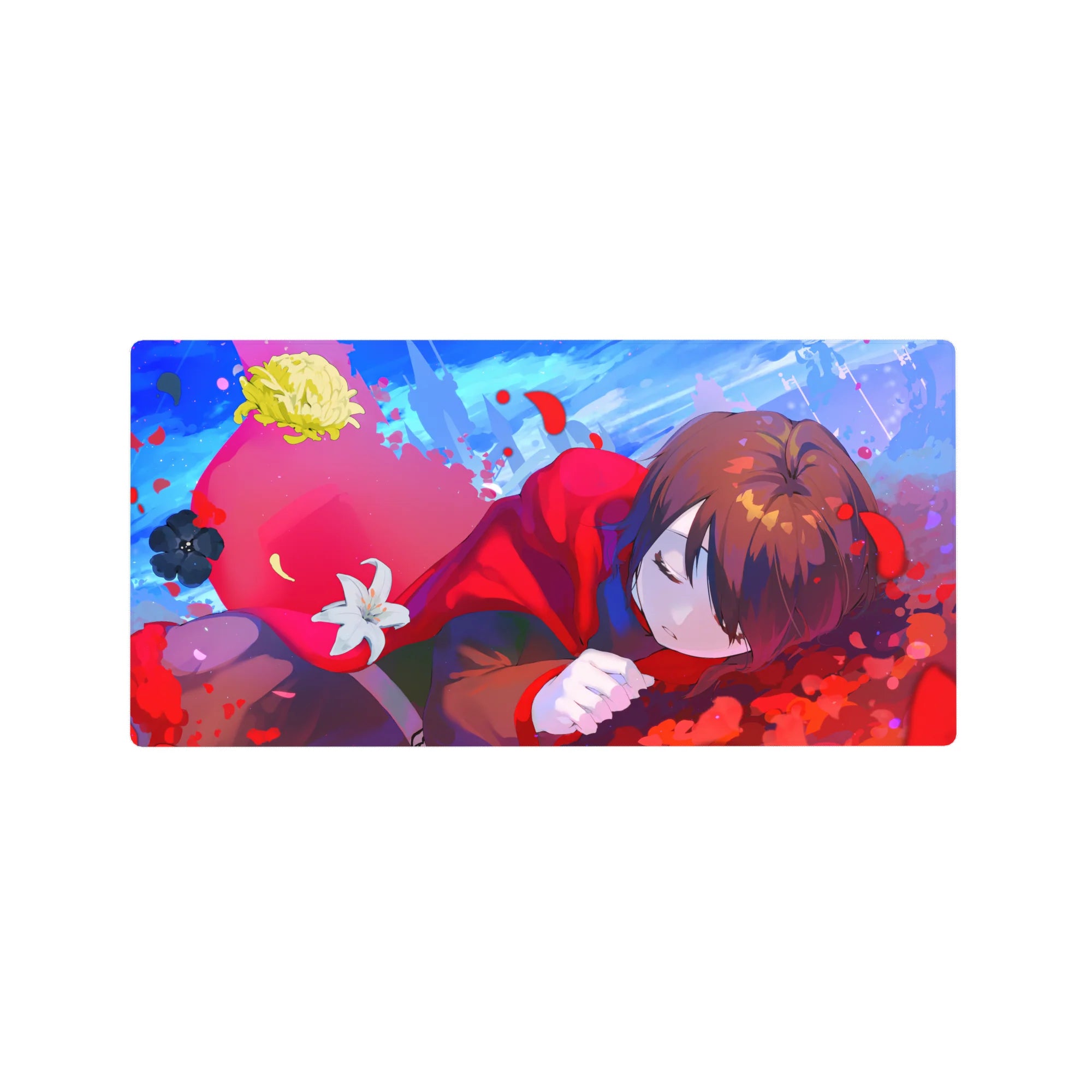32x16 inches anime girl mouse pad with sleepy girl in red hoodie, petals, paint flecks, and white lily.