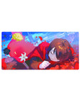 32x16 inches anime girl mouse pad with sleepy girl in red hoodie, petals, paint flecks, and white lily.