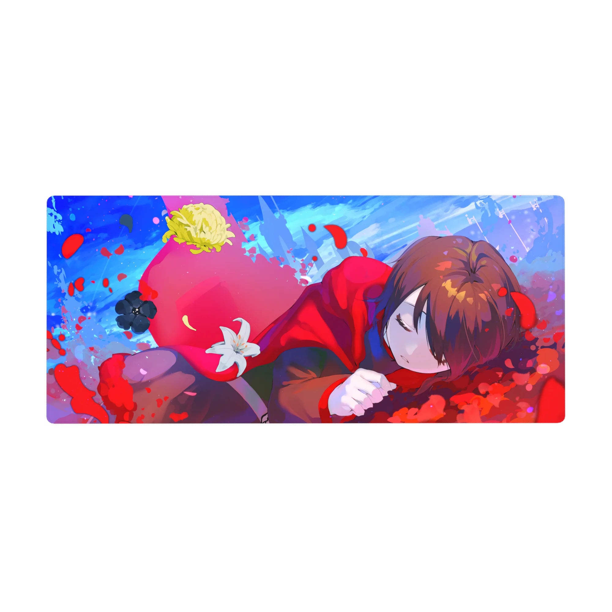 Anime girl desk pad 36x16 inches with red hoodie, petals, paint flecks, and a white lily.