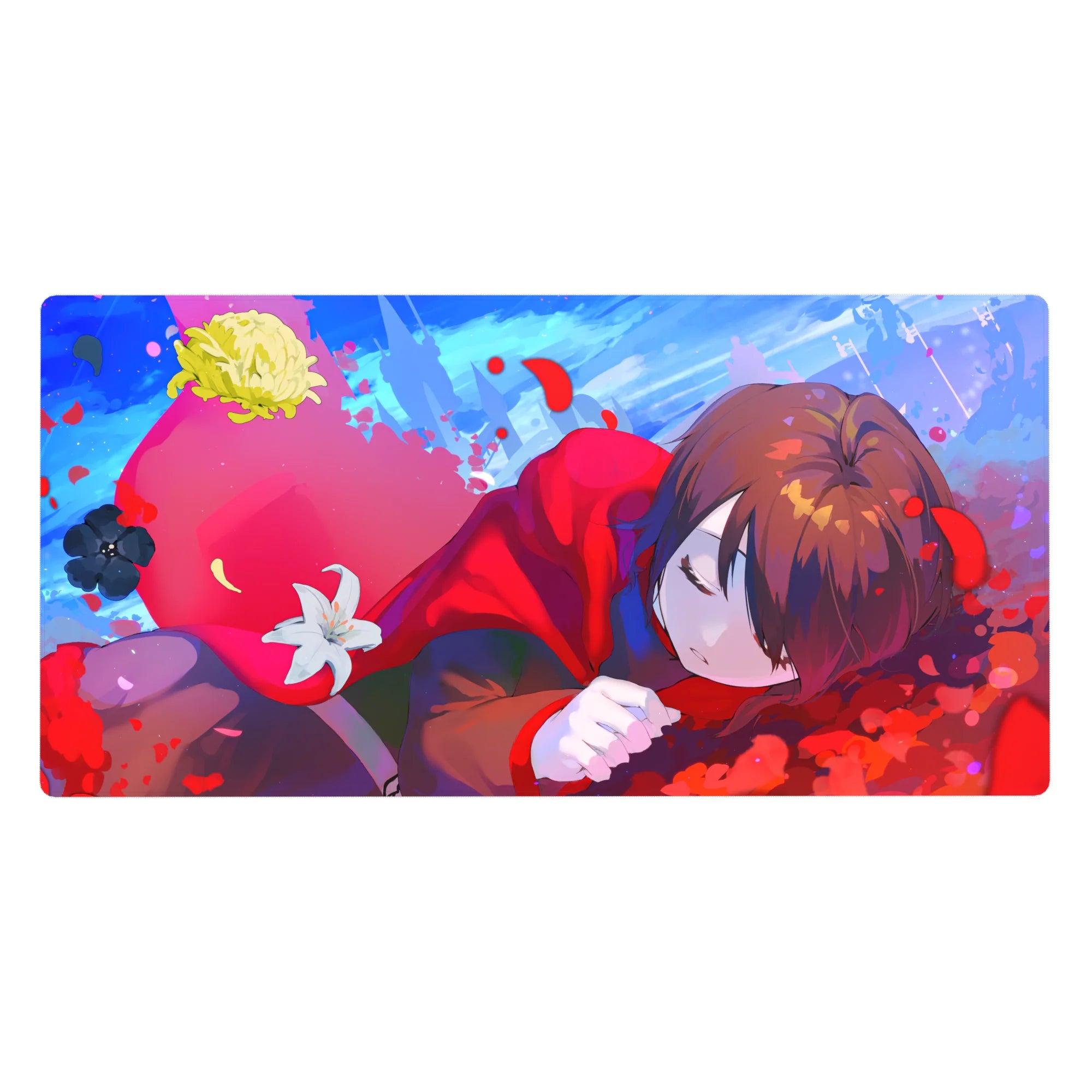 Anime girl desk pad 40x20 inches with cozy red hood, petals, paint flecks, and a sweet white lily.
