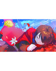 Anime girl desk pad 40x20 inches with cozy red hood, petals, paint flecks, and a sweet white lily.