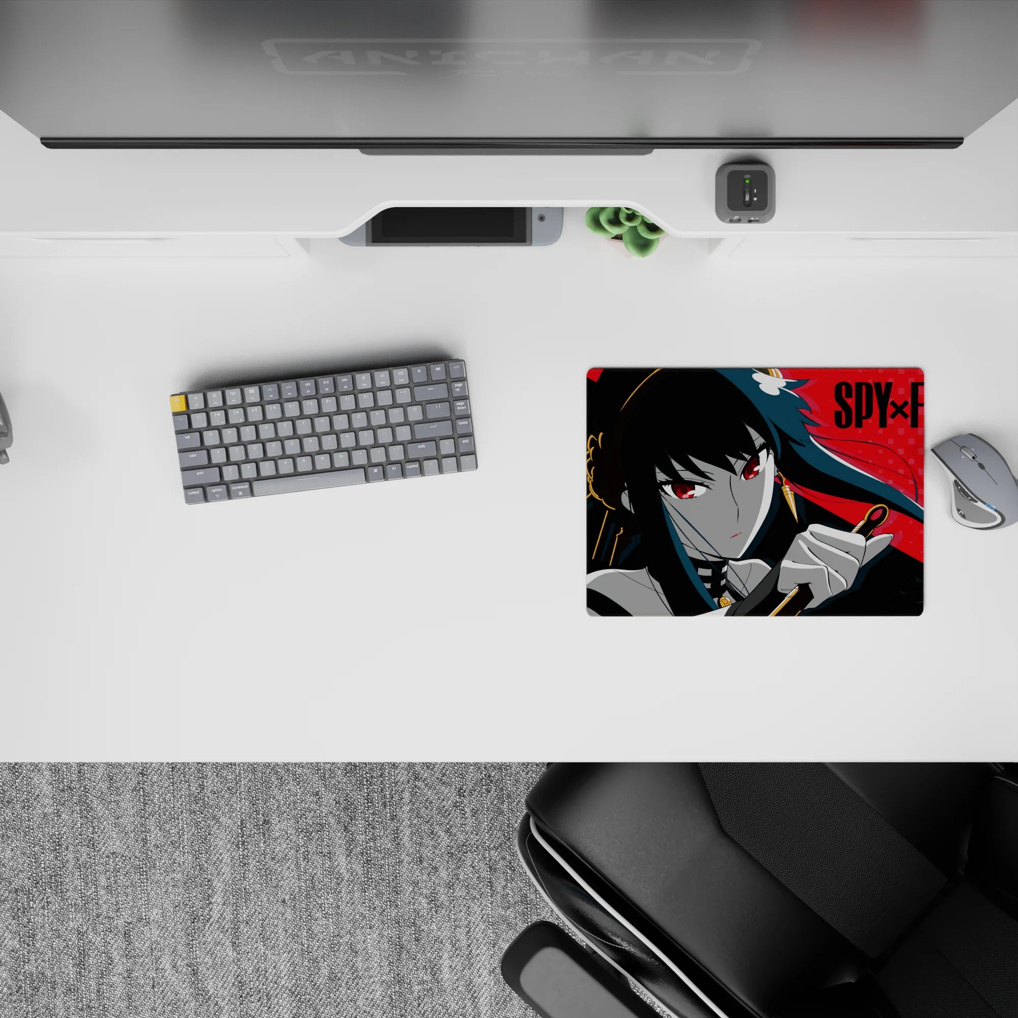 Anime girl mouse pad 14x10 inches in crimson, teal-black, and gold with a calm-but-deadly noir vibe.