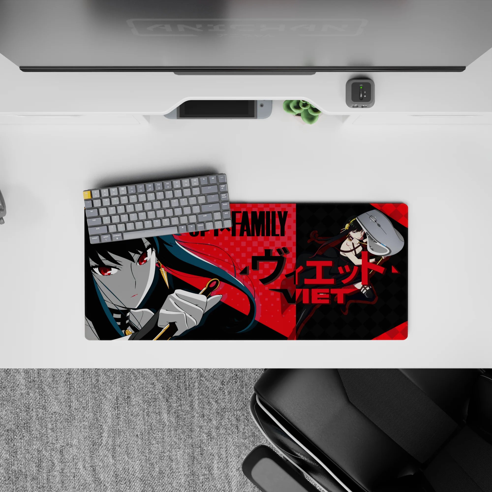28x12 inches anime girl mouse pad in crimson, teal-black, and red checker tones with a calm-dangerous vibe.