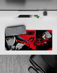28x12 inches anime girl mouse pad in crimson, teal-black, and red checker tones with a calm-dangerous vibe.