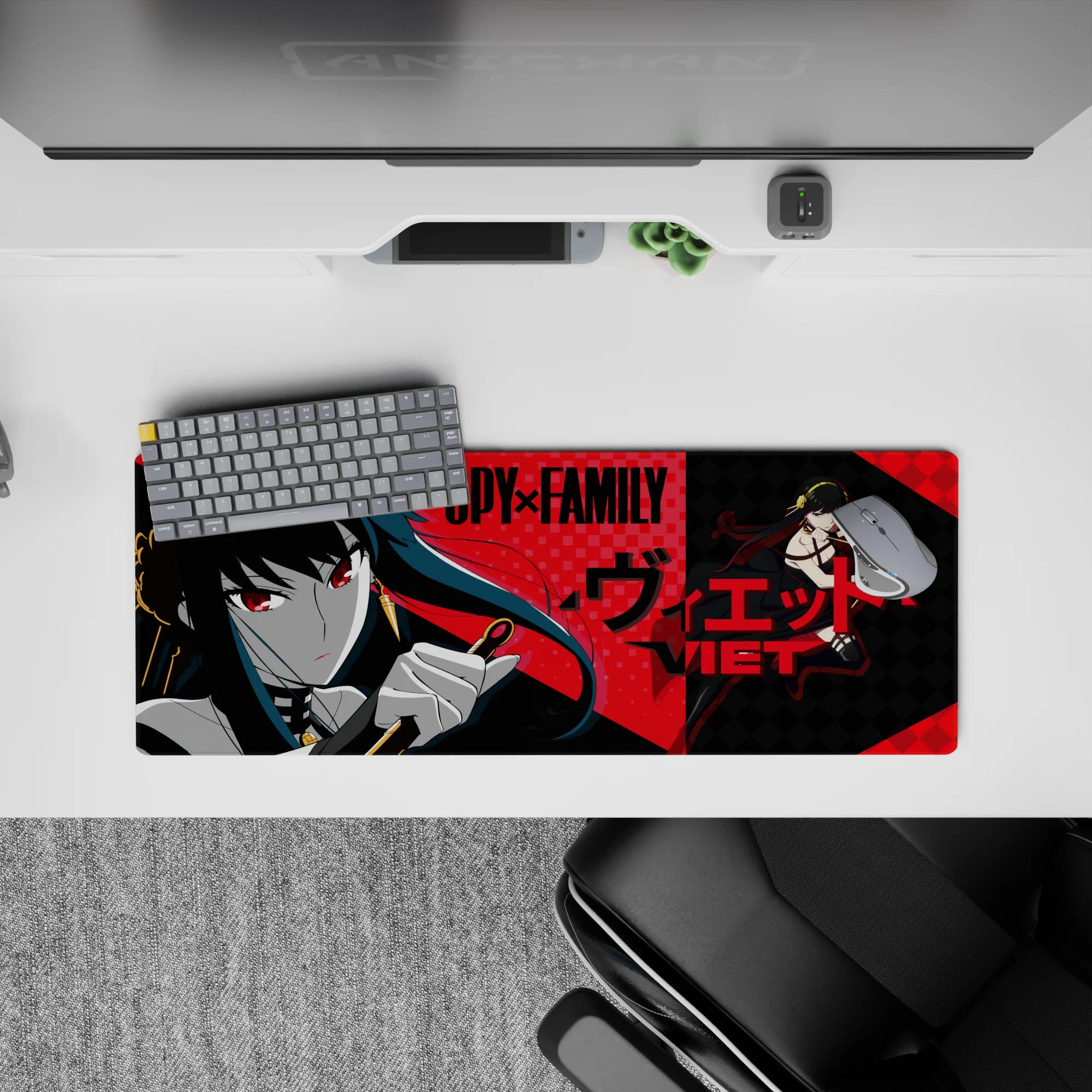 32x12 inches anime girl mouse pad in crimson, teal-black, and gold with a calm-but-deadly vibe.