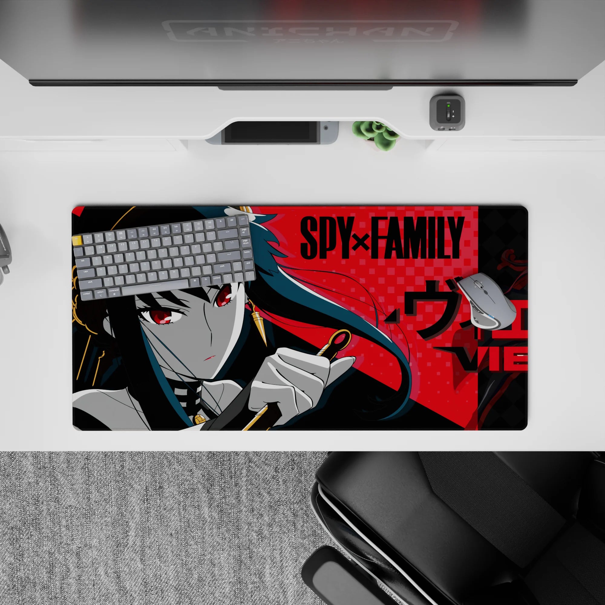 32x16 inches anime girl mouse pad in crimson and teal-black tones, calm-but-deadly vibe, punchy contrast.