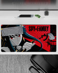 32x16 inches anime girl mouse pad in crimson and teal-black tones, calm-but-deadly vibe, punchy contrast.