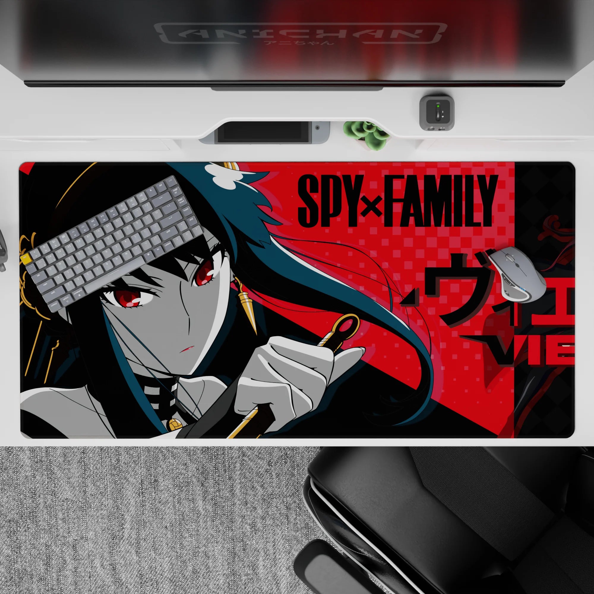 40x20 inches desk pad in crimson, teal-black and gold, calm-but-dangerous noir vibe.