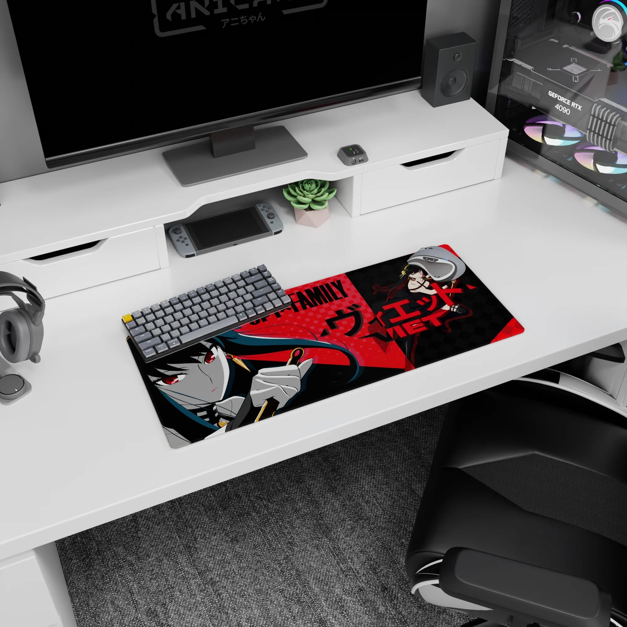 28x12 inches SPY x FAMILY Yor Forger mouse pad, crimson-eyed assassin holding a golden stiletto closeup.