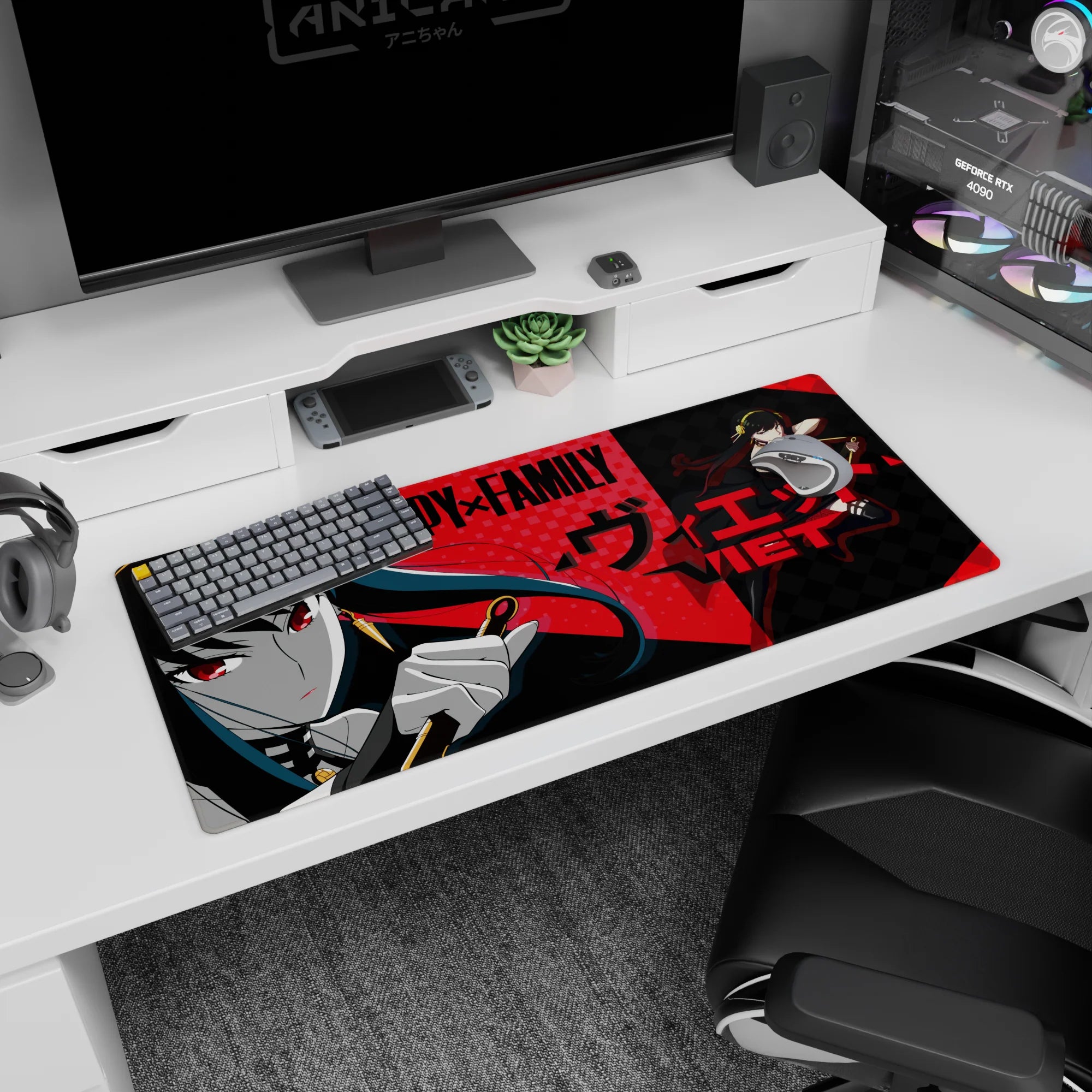 Yor Forger SPY x FAMILY desk pad 36x16 inches, gloved hand holding golden stiletto in closeup.