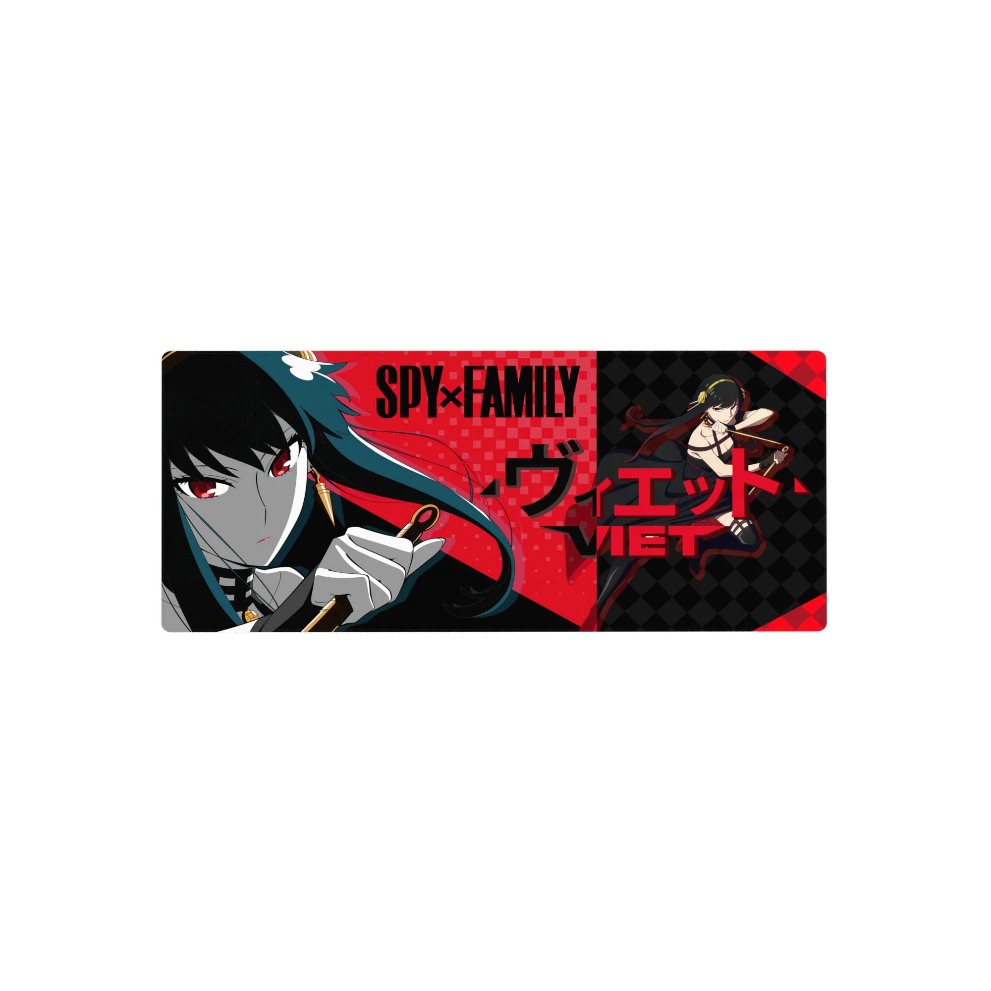28x12 inches anime girl mouse pad with noir closeup, red checker backdrop, and bold black typography.