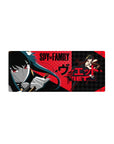 28x12 inches anime girl mouse pad with noir closeup, red checker backdrop, and bold black typography.