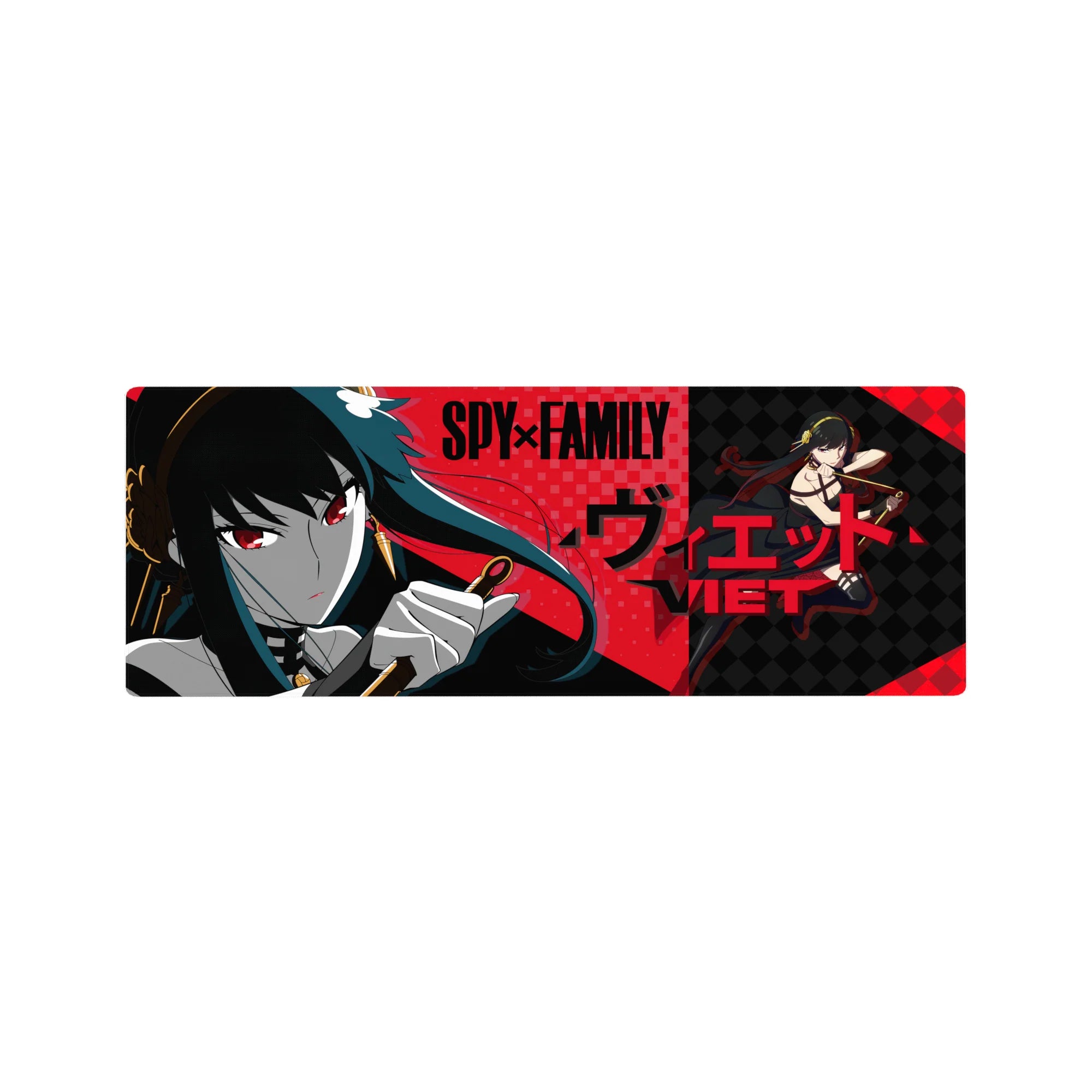 32x12 inches anime girl mouse pad with noir closeup, red checker background, bold black typography.
