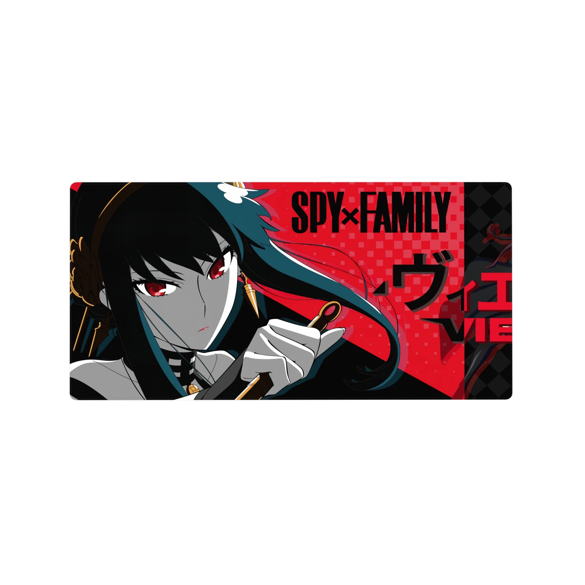 32x16 inches anime girl mouse pad with noir closeup, red checker background, bold black typography.