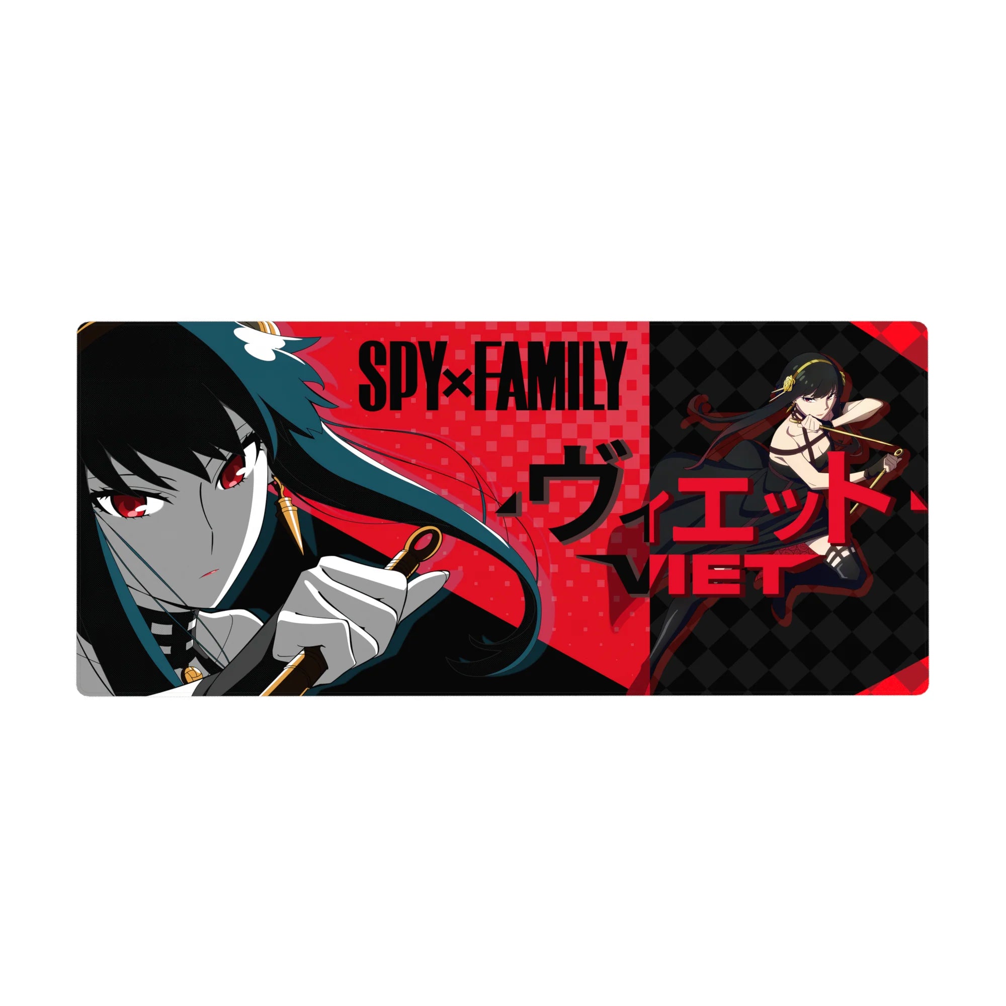 Anime girl desk pad 36x16 inches with noir-cute closeup, red checker backdrop, bold black typography.