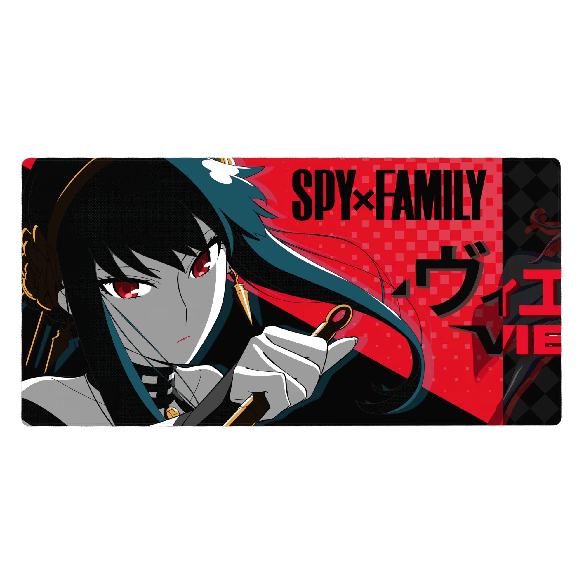 40x20 inches anime girl desk pad with noir closeup, red checker backdrop, bold black typography.