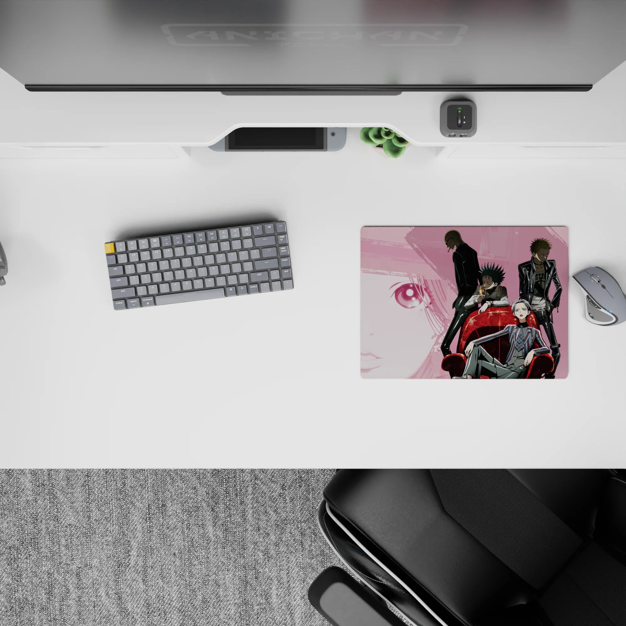 Smoky pink noir anime mouse pad 14x10 inches, bold contrast linework, velvet chair and cigarette mood.