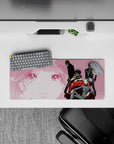 Smoky pink anime mouse pad 28x12 inches with noir contrast, street-gang attitude, and clean bold art.