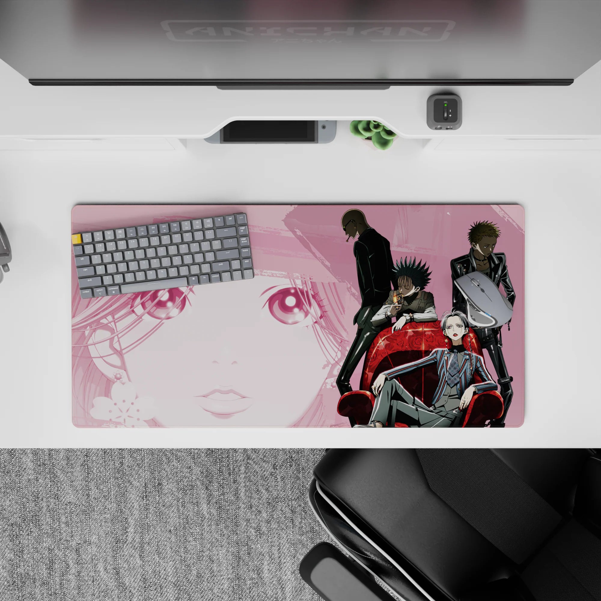 Smoky pink noir anime mouse pad 32x16 inches, clean linework, leather jackets, cold attitude.