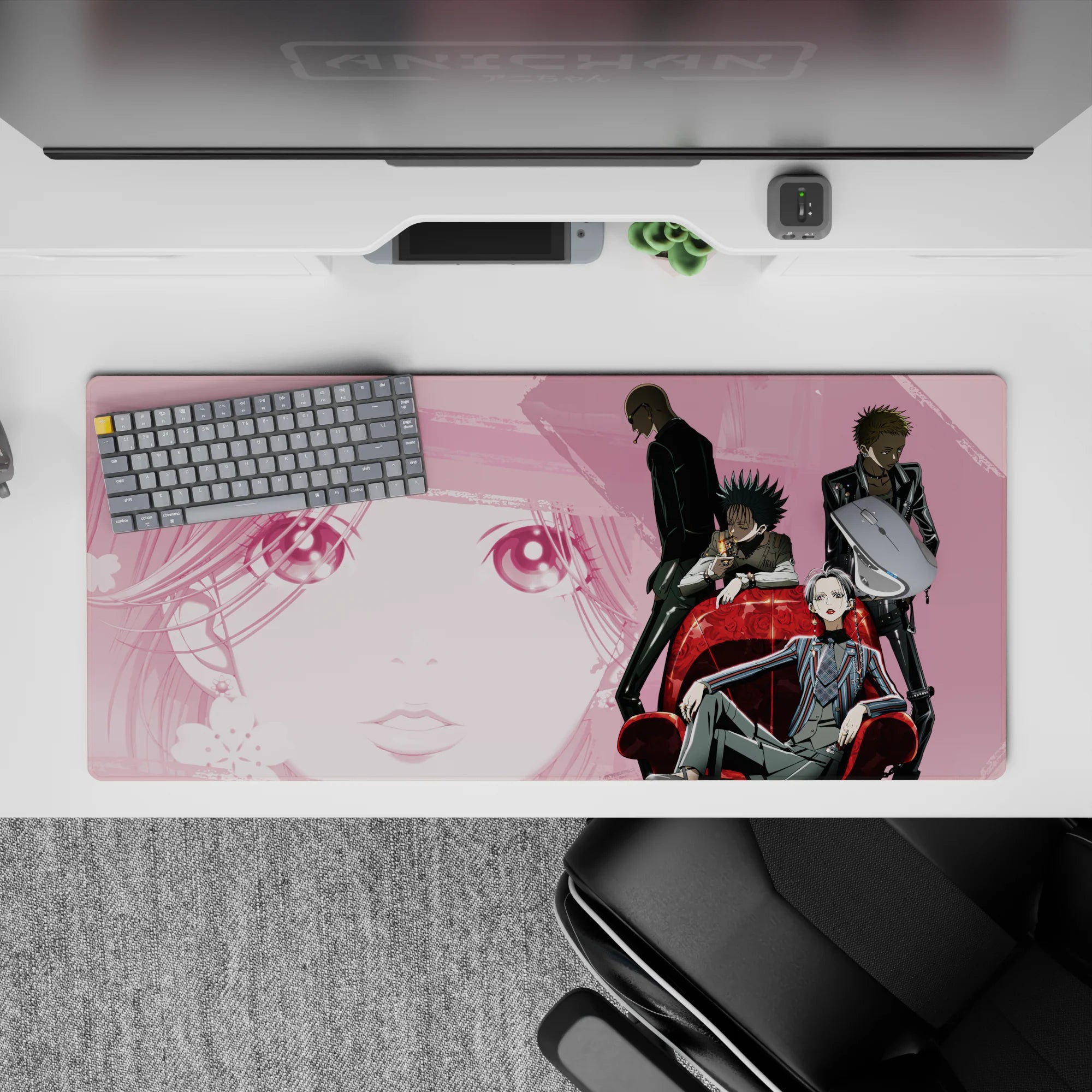 36x16 inches anime desk pad in noir smoky pink tones, clean linework, gritty gang mood.