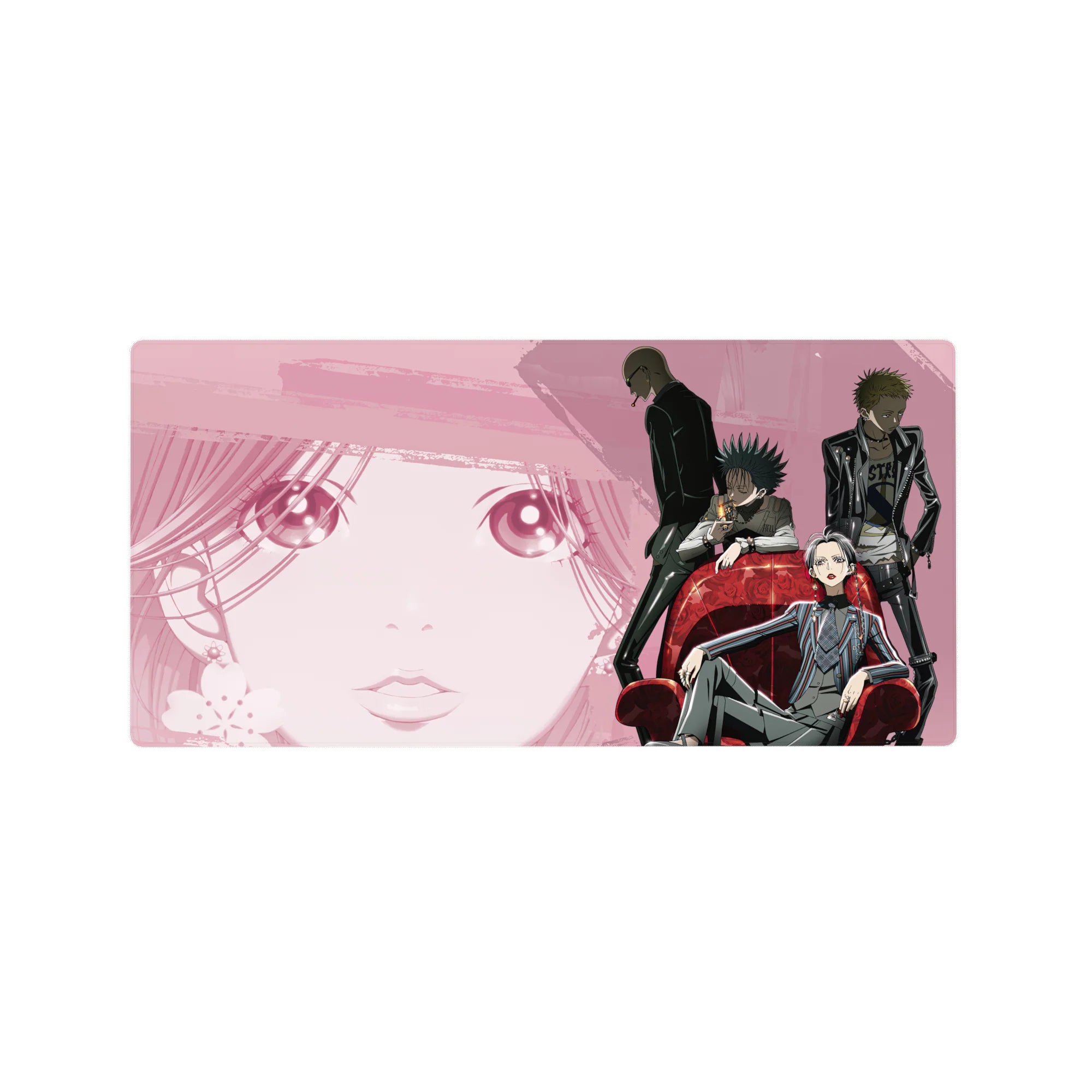 Anime mouse pad 32x16 inches with manga face backdrop and four sharp-suited street-gang characters.