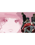40x20 inches anime desk pad with manga face on smoky pink and four suited gangsters in noir linework.