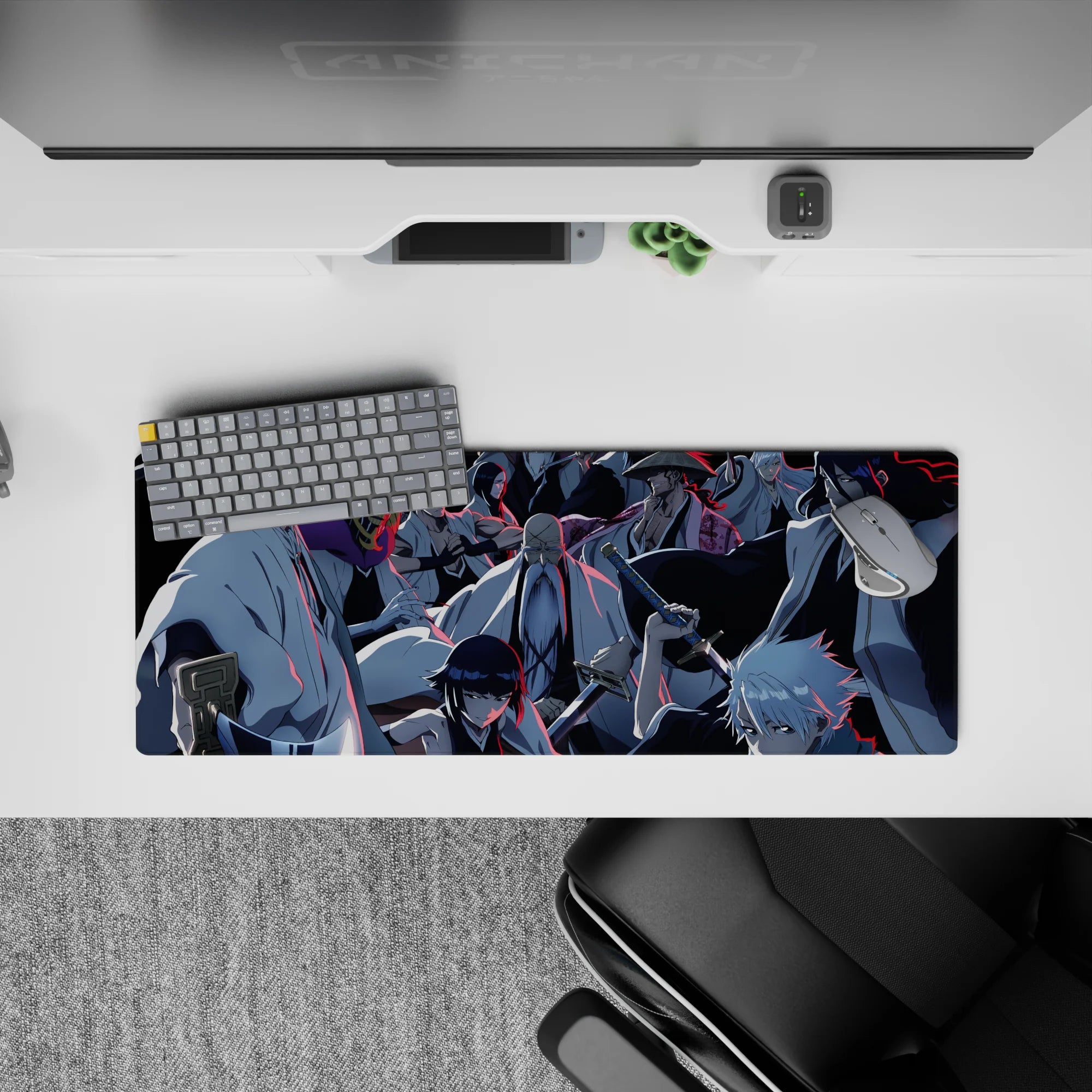 Bleach anime mouse pad 32x12 inches featuring Gotei 13 captains in a tense standoff, vivid blue and red contrasts.