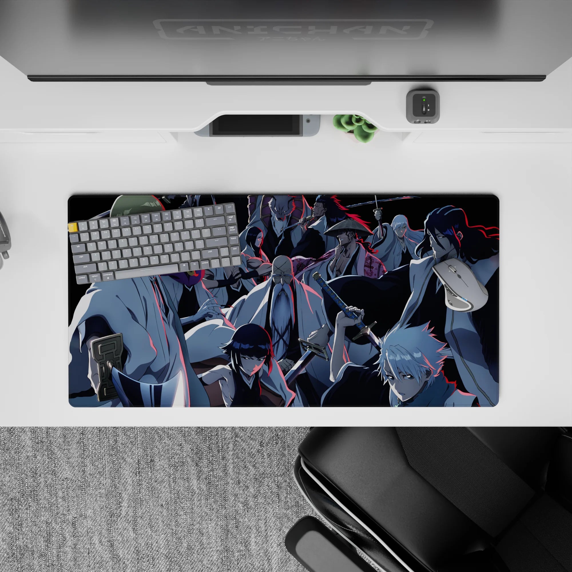 Bleach anime mouse pad 32x16 inches featuring Gotei 13 captains, intense stares with blue and red light effects.