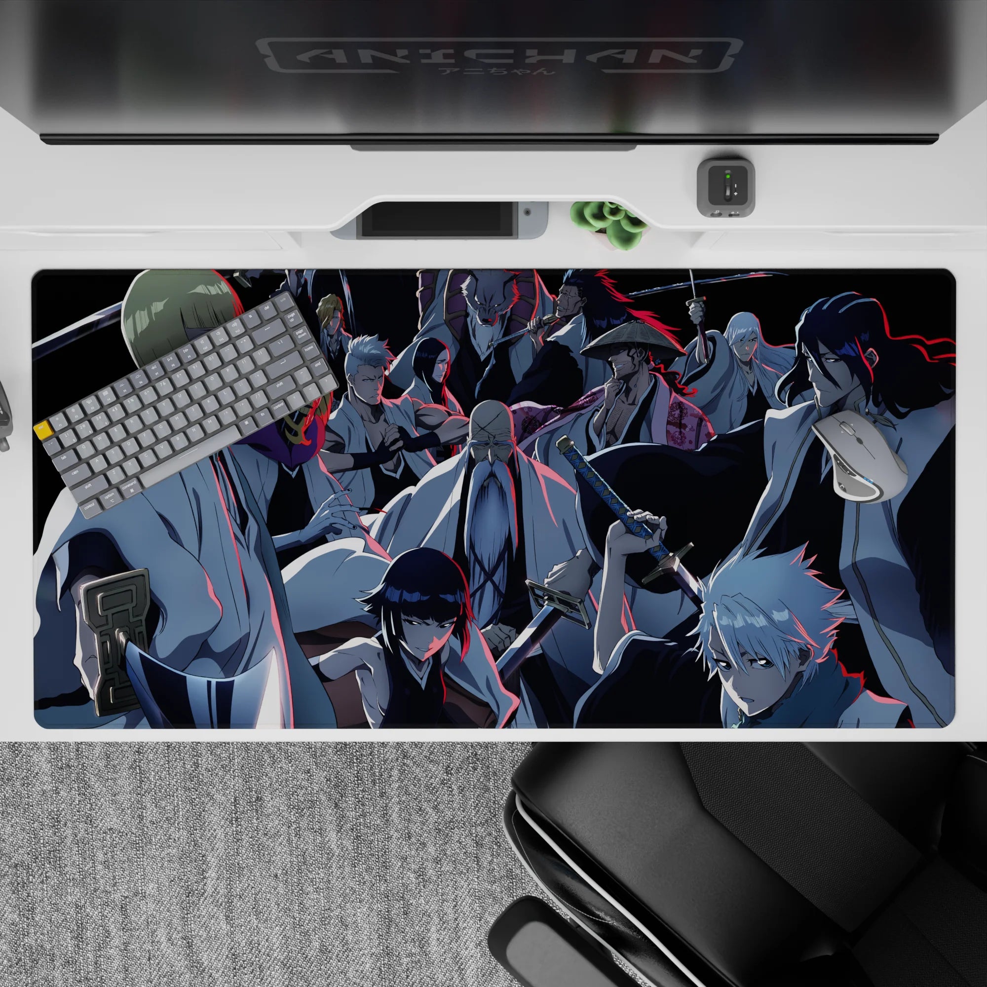 Bleach anime desk pad 40x20 inches featuring Gotei 13 captains, vivid blue and red design, intense battle scene.
