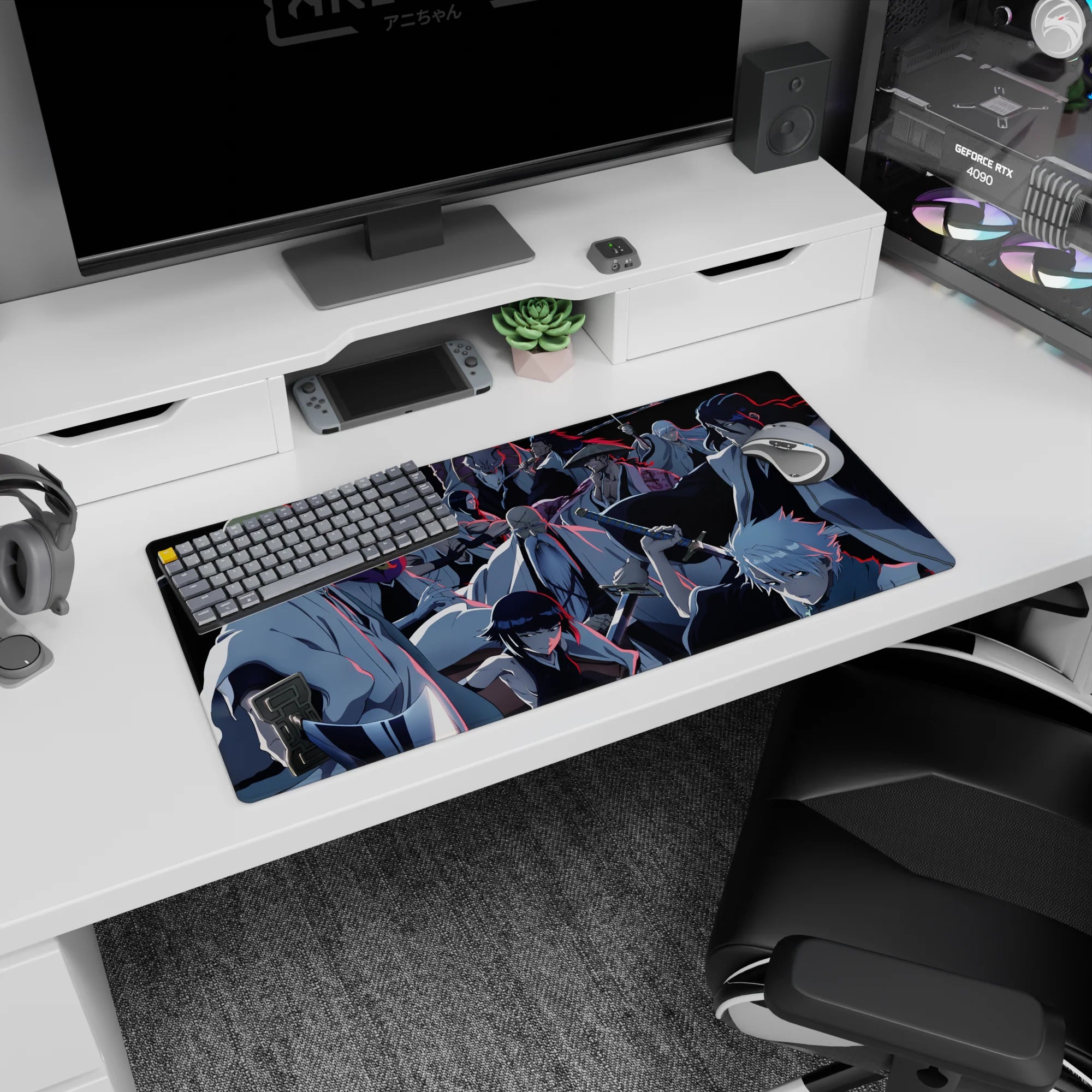 Bleach anime mouse pad 32x16 inches featuring Gotei 13 captains in intense standoff with vibrant blue and red contrasts.