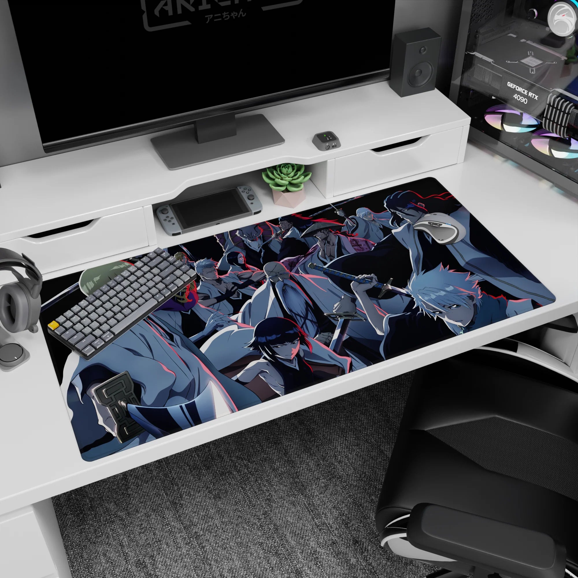 Bleach anime desk pad, 40x20 inches, featuring Gotei 13 captains with swords drawn, blue shadows, and red light accents.