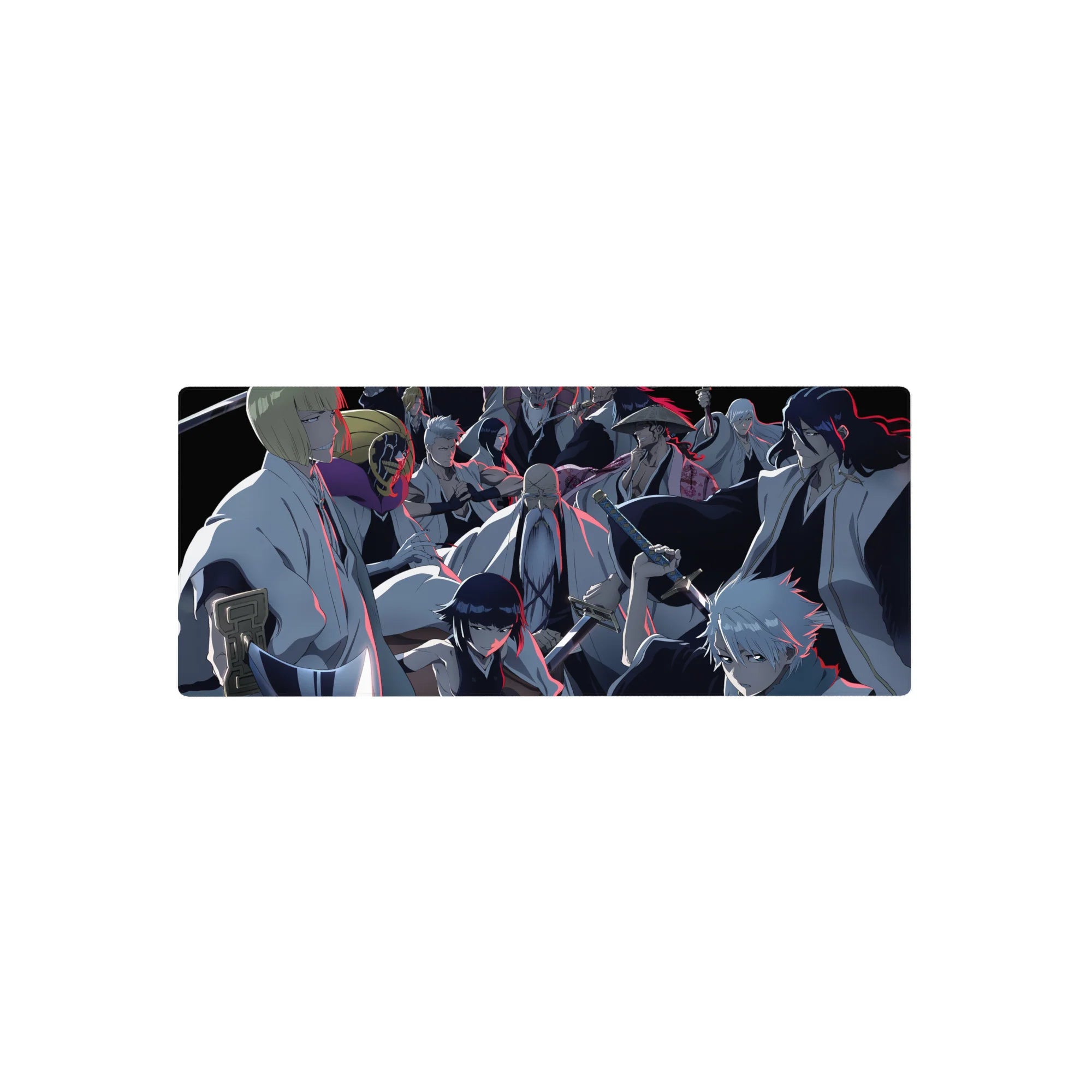 Bleach anime mouse pad featuring Gotei 13 captains in a tense standoff, size 28x12 inches, with intense blue and red hues.