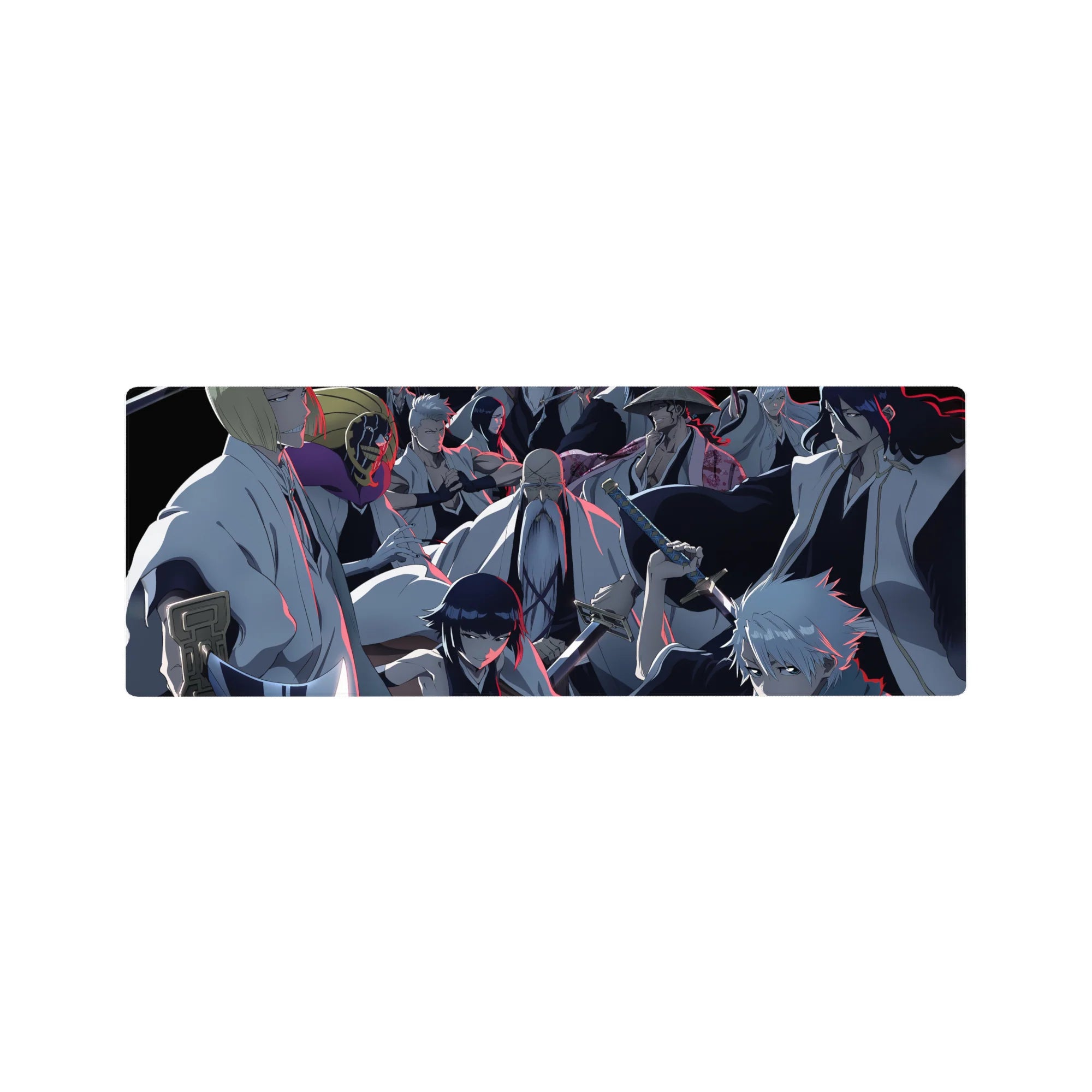 Bleach anime mouse pad featuring Gotei 13 captains in battle stance, 32x12 inches, blue and red dramatic design.