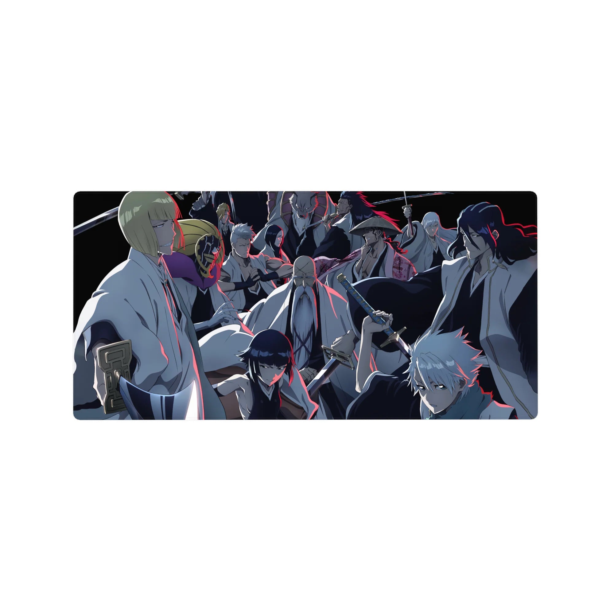 Bleach anime mouse pad 32x16 inches featuring Gotei 13 captains in battle stance with blue and red accents.