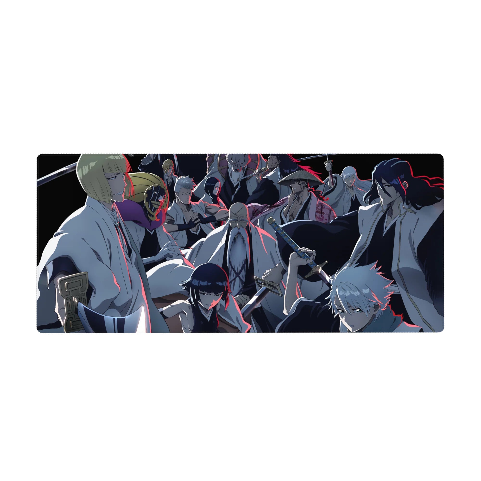 Bleach anime desk pad 36x16 inches featuring Gotei 13 captains in a tense standoff, with striking blue and red colors.