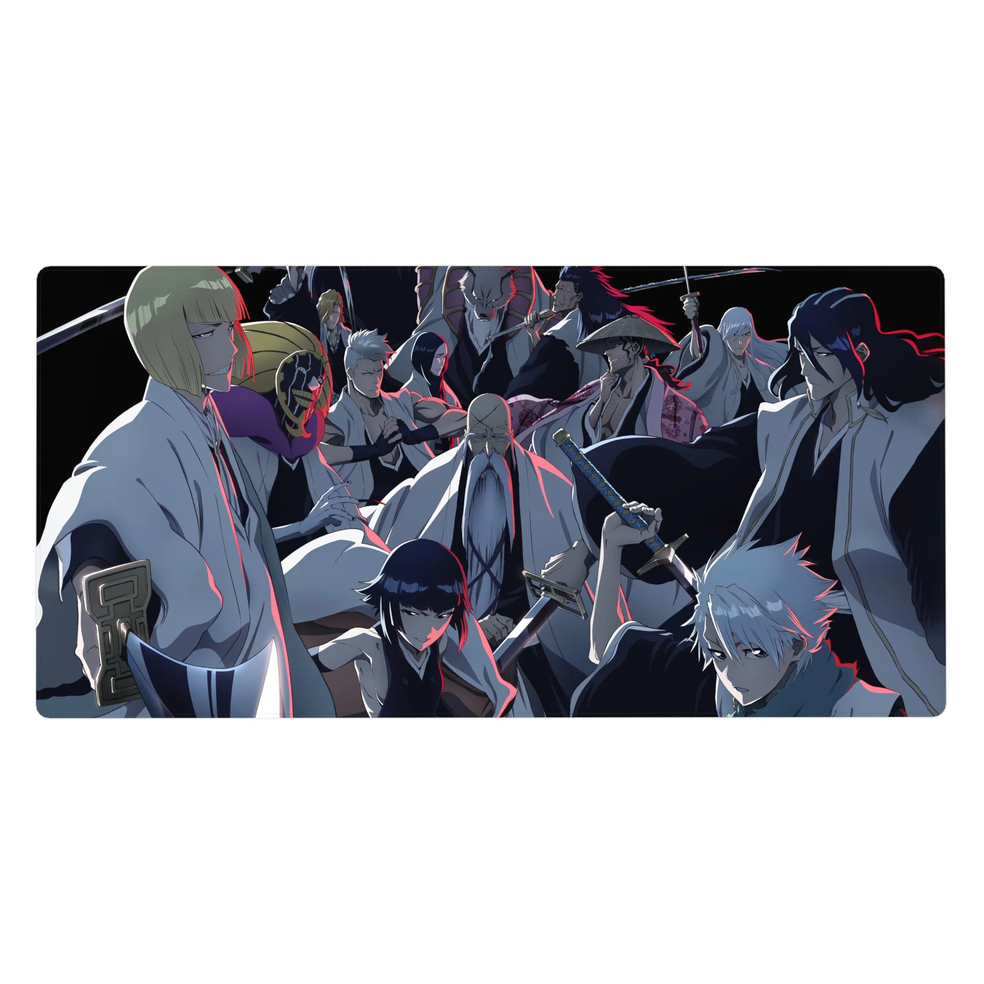 Bleach anime desk pad 40x20 inches featuring Gotei 13 captains in battle stance with vivid blue and red contrasts.