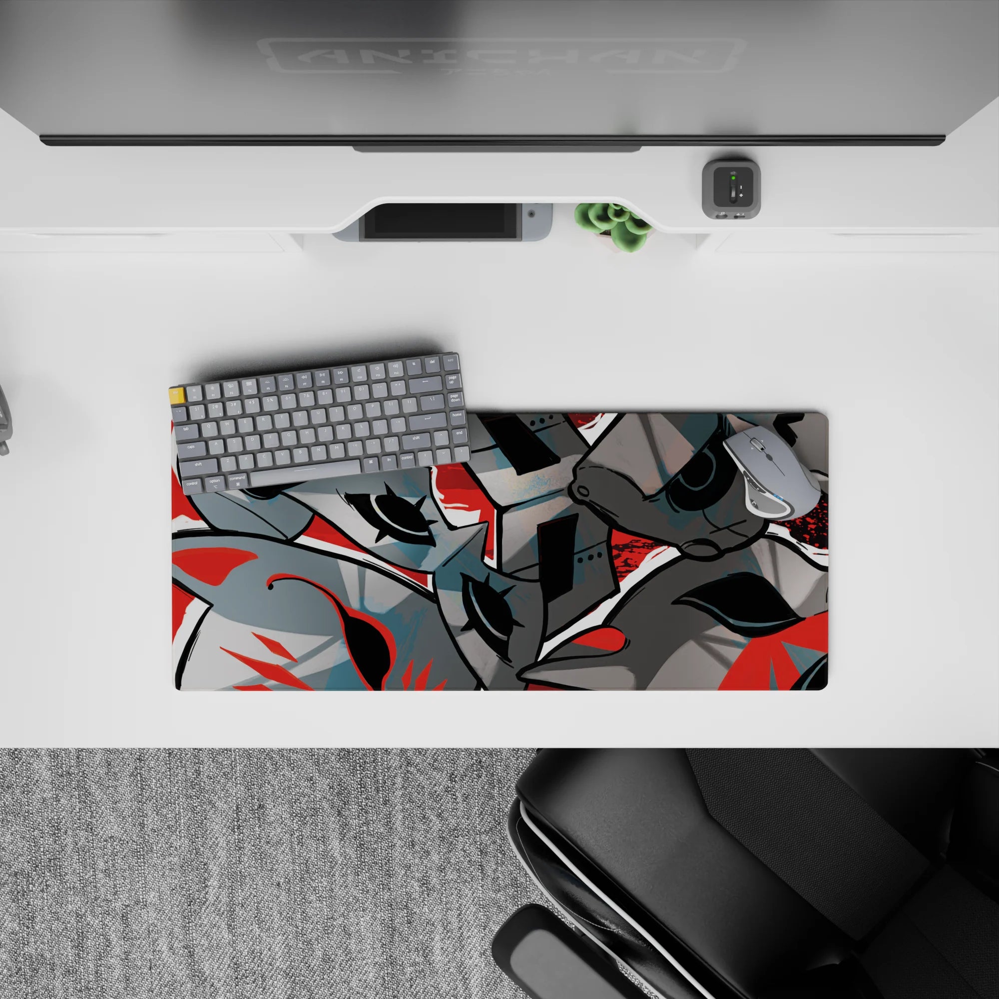 Persona 5 mouse pad 28x12 inches featuring Phantom Thieves&#39; masks, bold shadows, and red swirls for a stylish desk mat.
