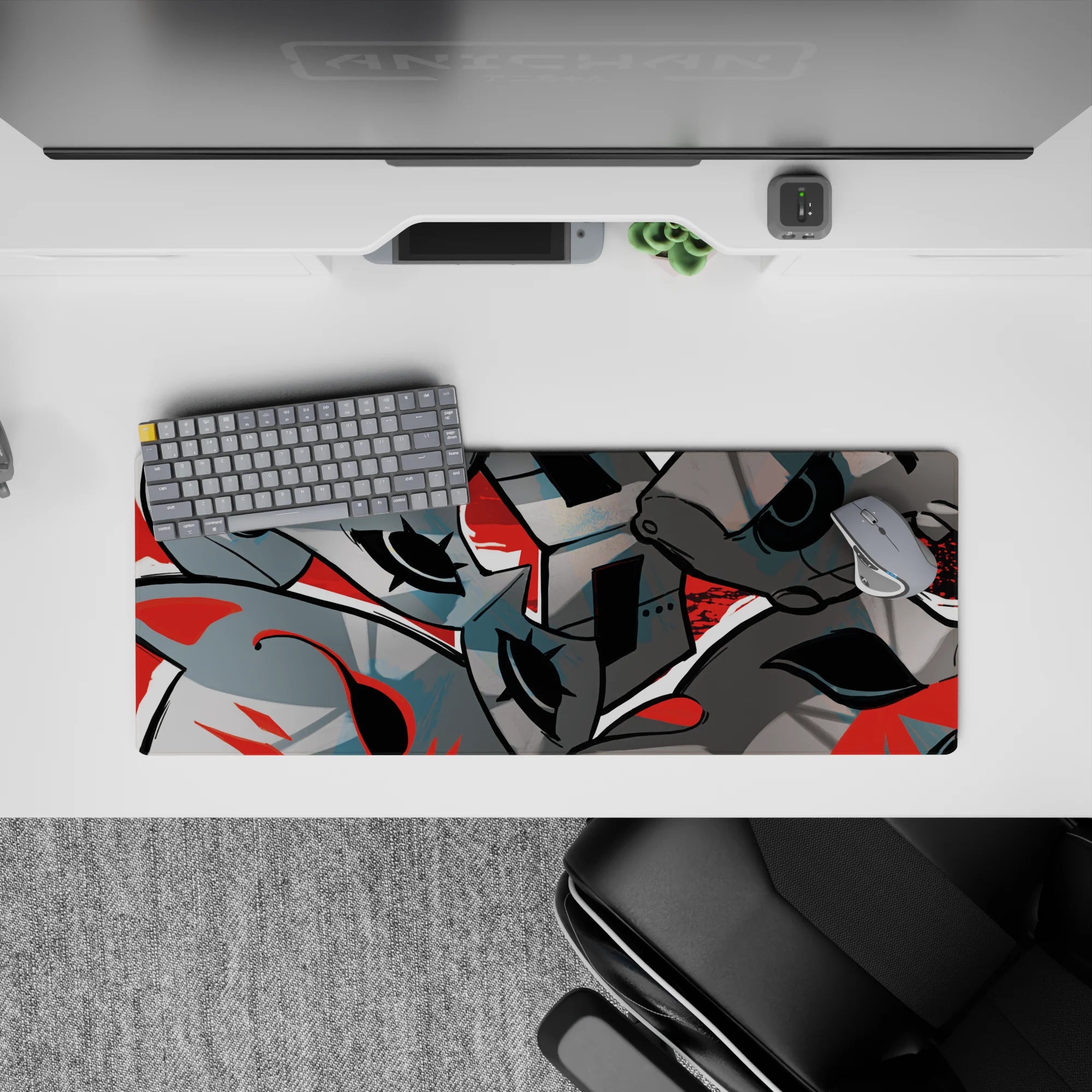Mouse pad 32x12 inches featuring Persona 5 theme, chaotic masks of Phantom Thieves with red swirls and bold shadows.