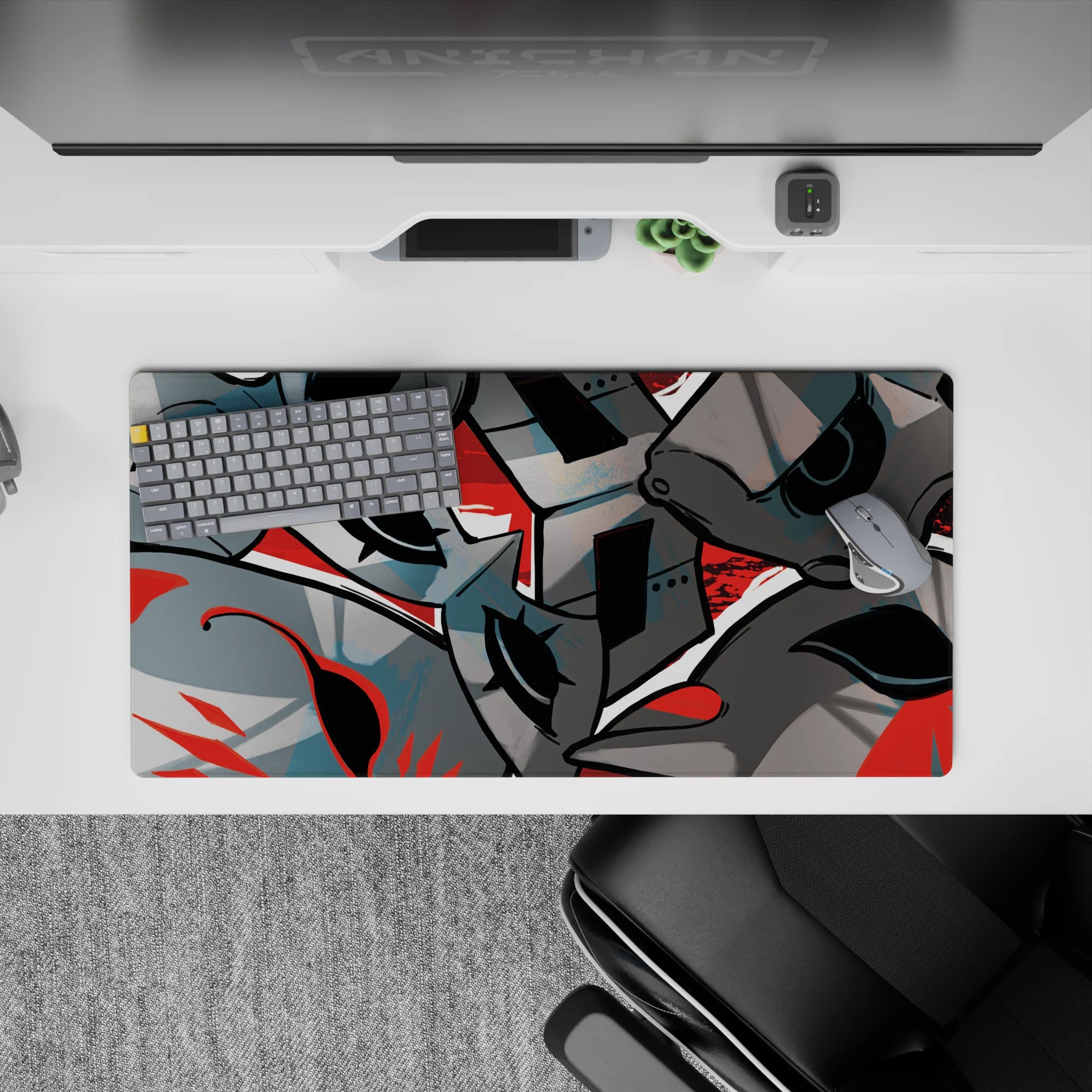 Persona 5 mouse pad 32x16 inches with Phantom Thieves&#39; masks, raw lines, bold shadows, and blood red swirls.