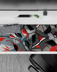 Persona 5 desk pad 36x16 inches featuring Phantom Thieves' masks and blood red swirls, capturing a rebellious essence.