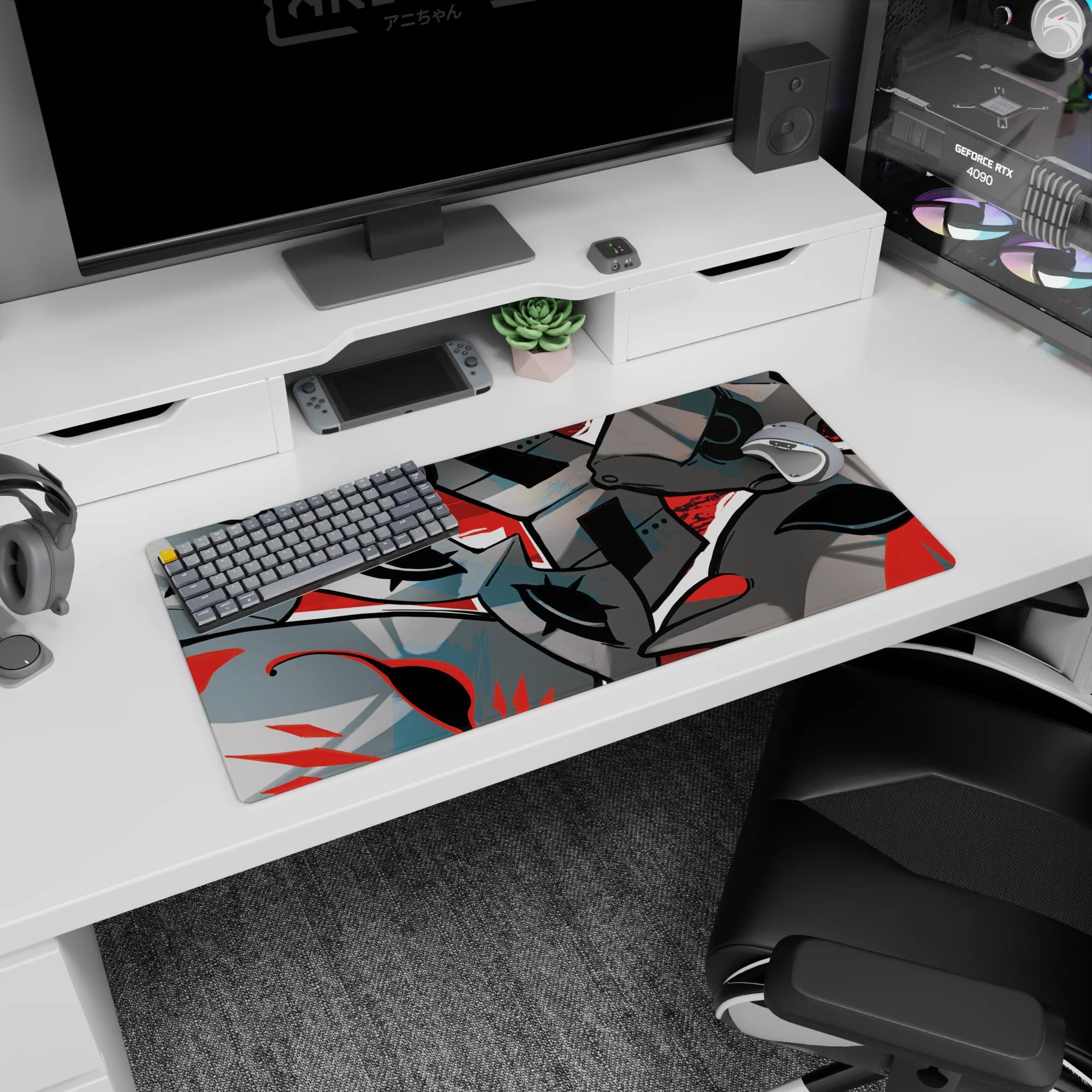 Persona 5 mouse pad 32x16 inches with Phantom Thieves&#39; masks, red swirls, and bold shadows for an immersive gaming setup.