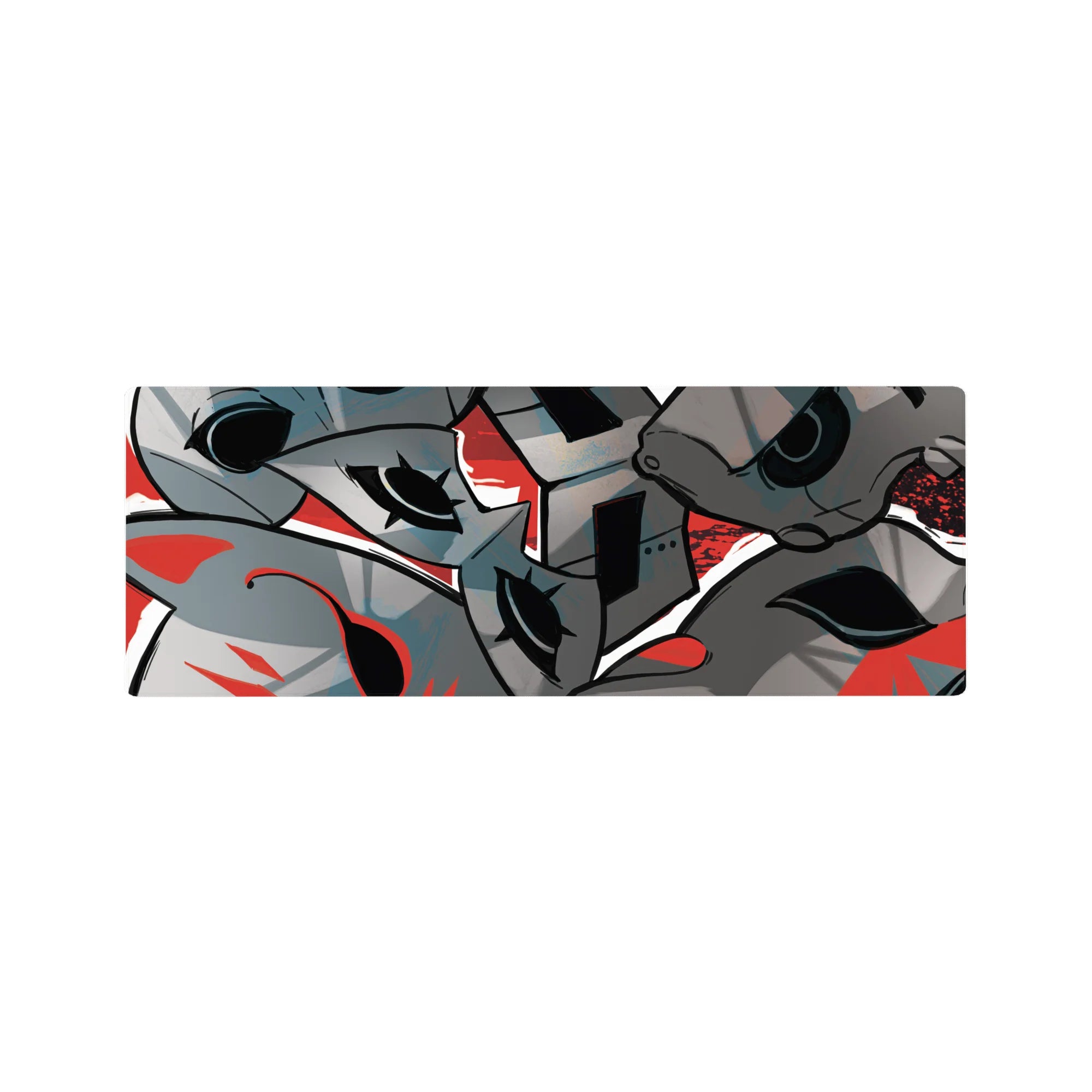 Persona 5 mouse pad 32x12 inches featuring Phantom Thieves&#39; masks, bold shadows, and red swirls, perfect for fans.