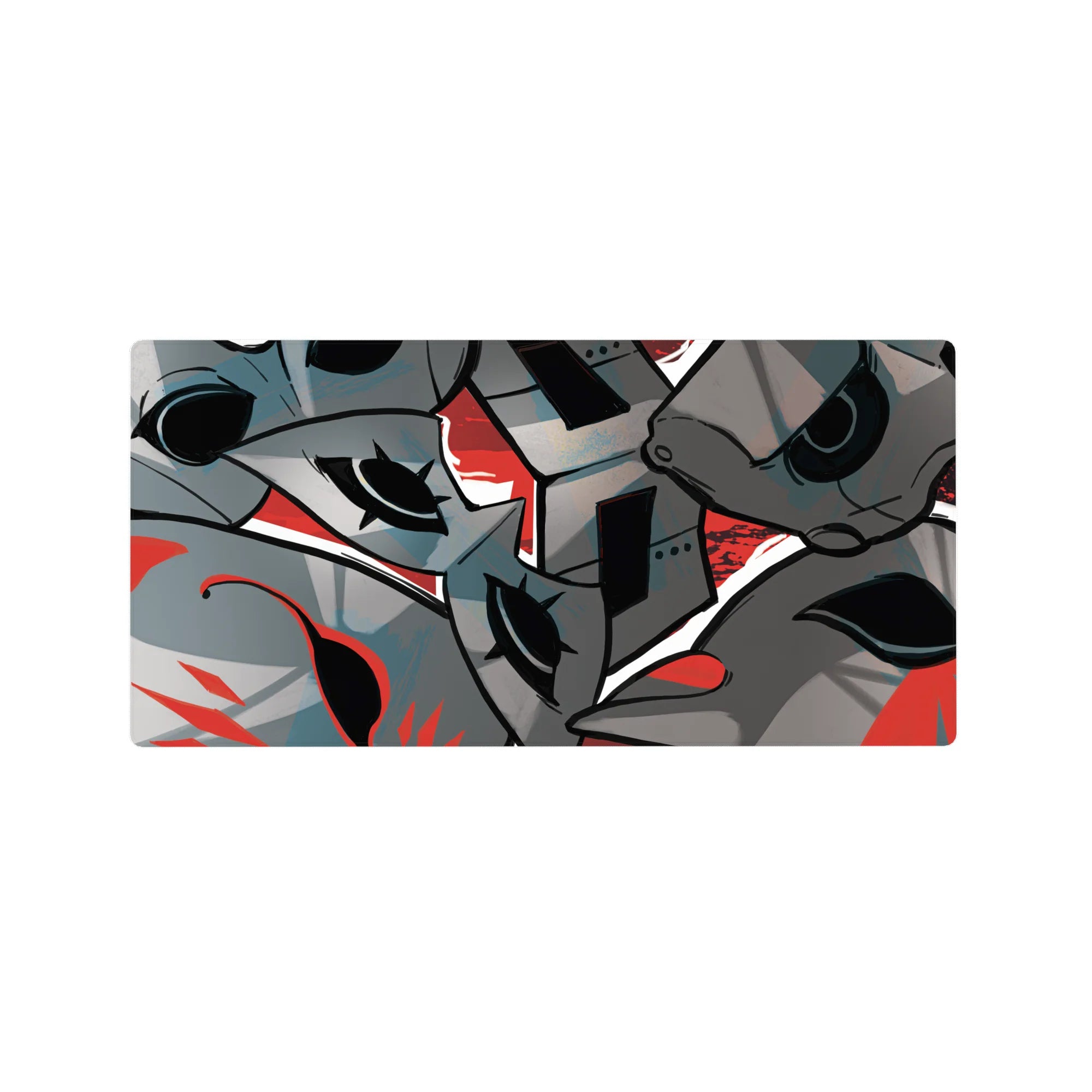 Persona 5 mouse pad, 32x16 inches, featuring Phantom Thieves&#39; masks in bold lines and red swirls, capturing transformation.